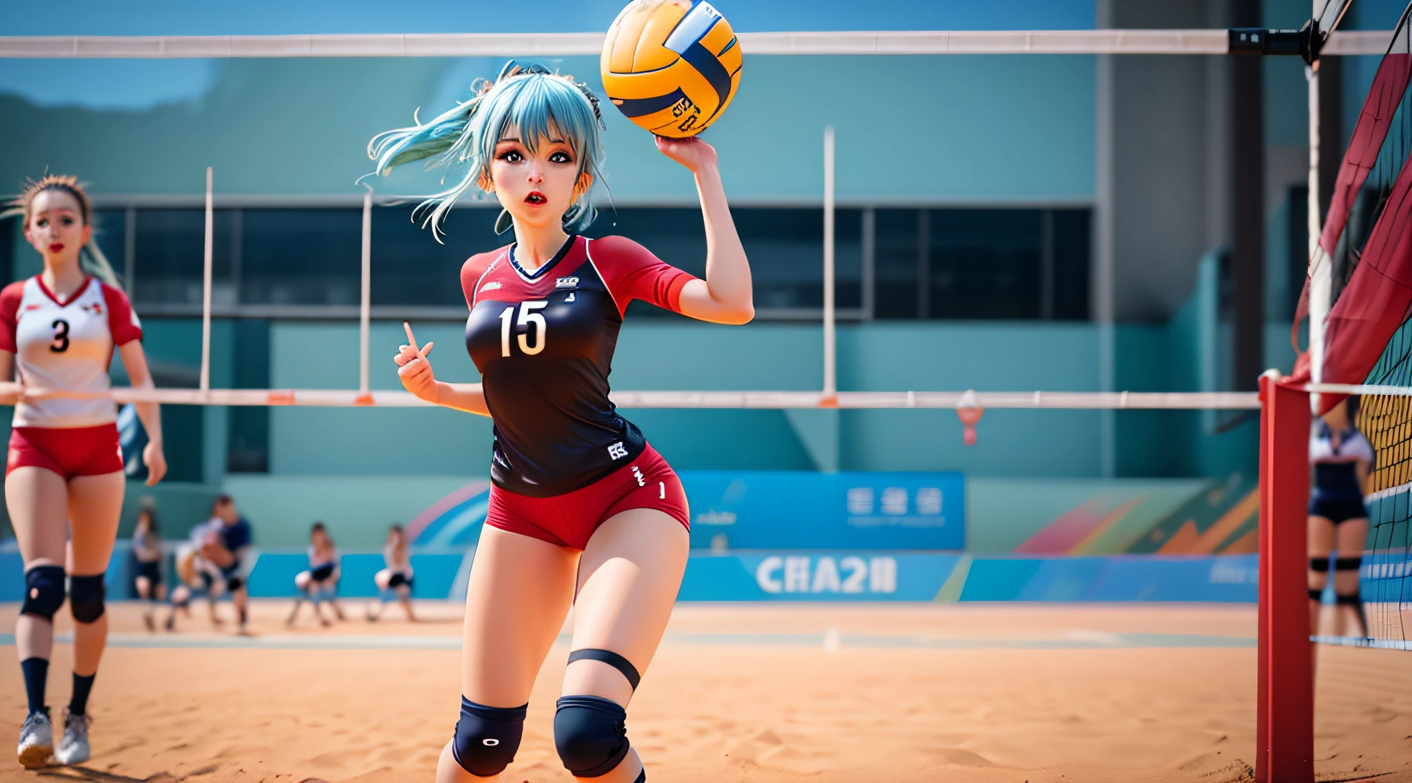 85MM FIXED,Cinematic shots,high definition 4k,blue hairs,Golden dragon horn,Volleyball sportswear,It's a volleyball game with other people,pretty face,delicated face,HD face details,(pretty eyes:1.3),largeeyes ,Full body like,(Realistic facial details:2),((On the volleyball court of the Chengdu Universiade,,the night,On the runway:1.2))