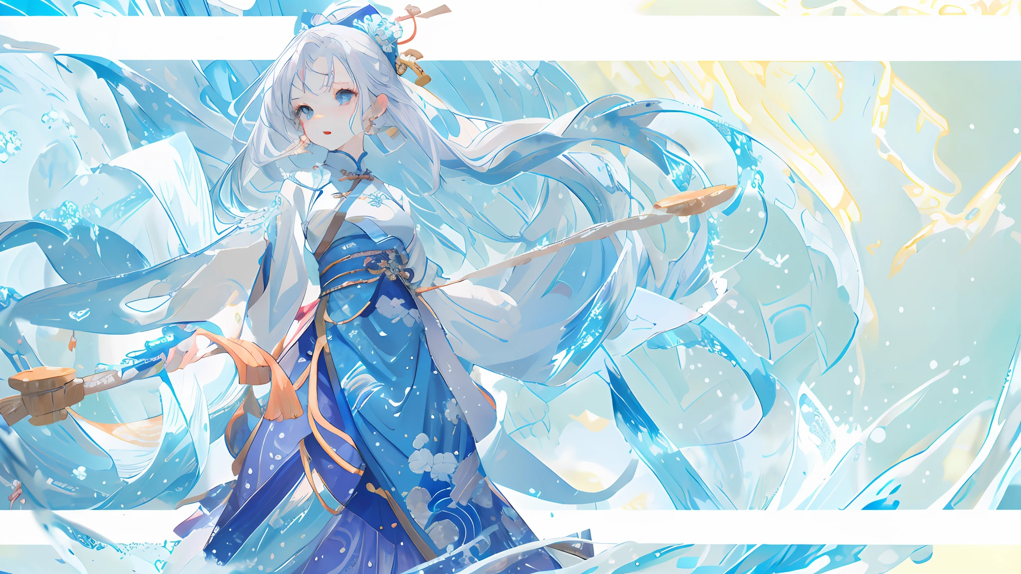 Exquisite facial features,Nice face,best qualtiy,tmasterpiece,ultra - detailed,swell sea,Buble,water flowing,one-girl,White color hair,blue skirts, Ancient Chinese clothing,National style background, 超高分辨率, 1girll, adolable,Raised sexy,Exposed flesh,seductiv, boobs exposed, childish looks, Kawaii face, Detailed skins,, Chinese ancient style, full bodyesbian, Slim,