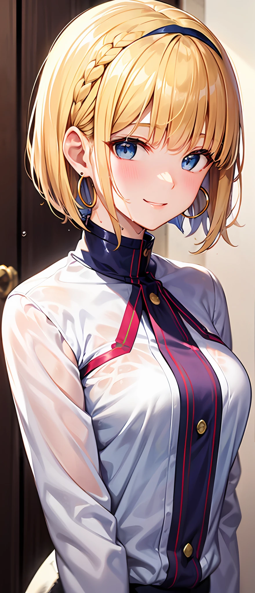 best quality,masterpiece,shiny blonde,blue eyes,white clothes, look down on, upper body,hair strand,Fair skin,short bob,wet through,french braid,blushing and red,blunt bangs,headband,hoop earrings,gladient hair,smile gently,left sideburn is longer than right one