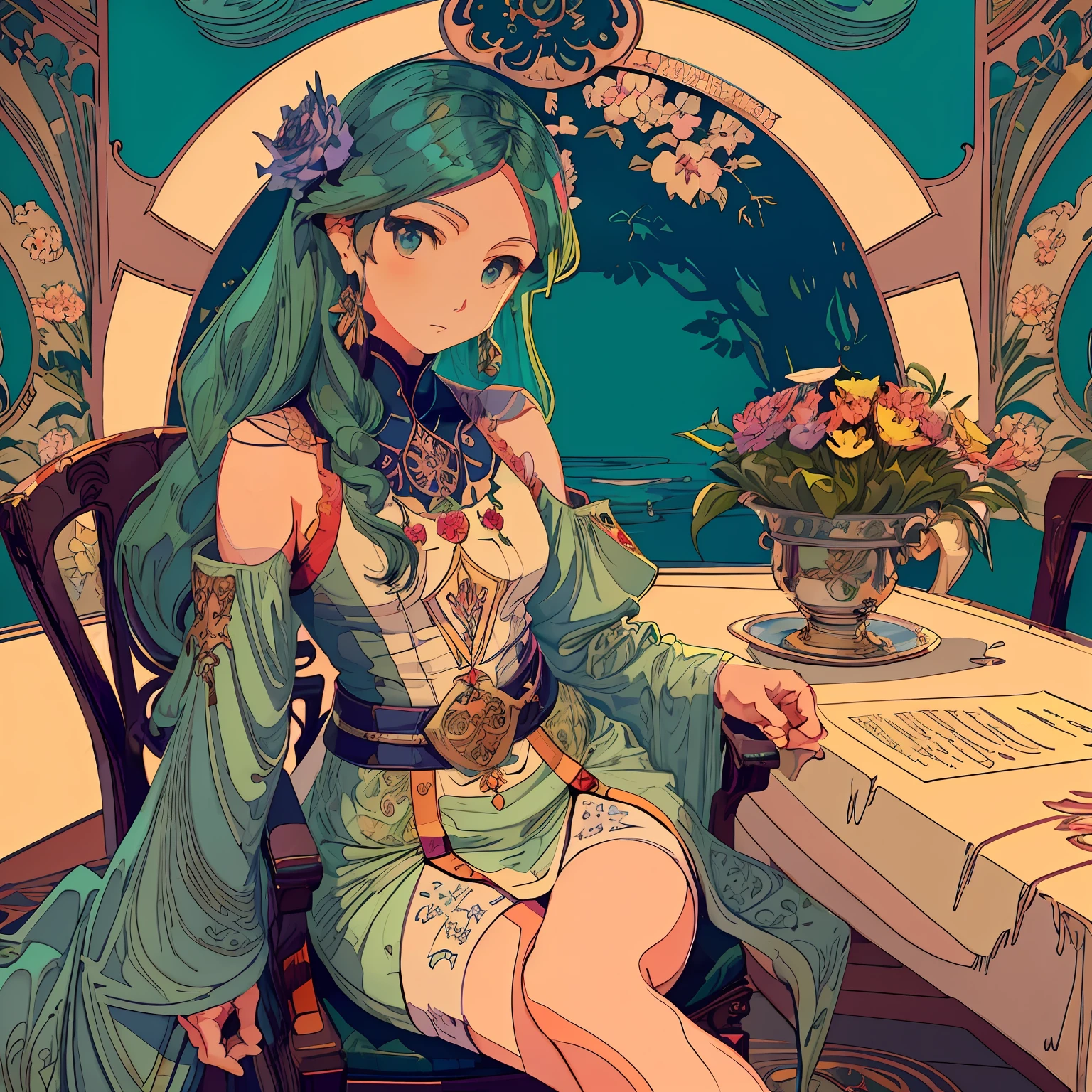 Anime girl sitting at table with book and flowers, Anime Art Nouveau, portrait knights of zodiac girl, anime fantasy illustration, Korean Art Nouveau Anime, alphonse mucha and rossdraws, highly detailed exquisite fanart, Detailed Digital Anime Art, digital art on pixiv, ((a beautiful fantasy empress)), Anime girl with teal hair, anime art nouveau cosmic display