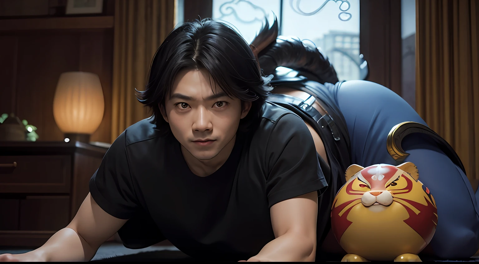(Daisaku),(Need),(Super meticulous),(full bodyesbian:1.2),Super young man，Beautiful，Chinese Dragon，one tiger，Aeolian Thor，Raised sexy，爆乳，Oriental face，Black super short hair，Black eyes，Smile confidently，3D character design by Mark Clairen and Pixar and Hayao Miyazaki and Akira Toriyama，The illustration is a high-definition illustration in 4K resolution，With very detailed facial features and cartoon-style visuals。