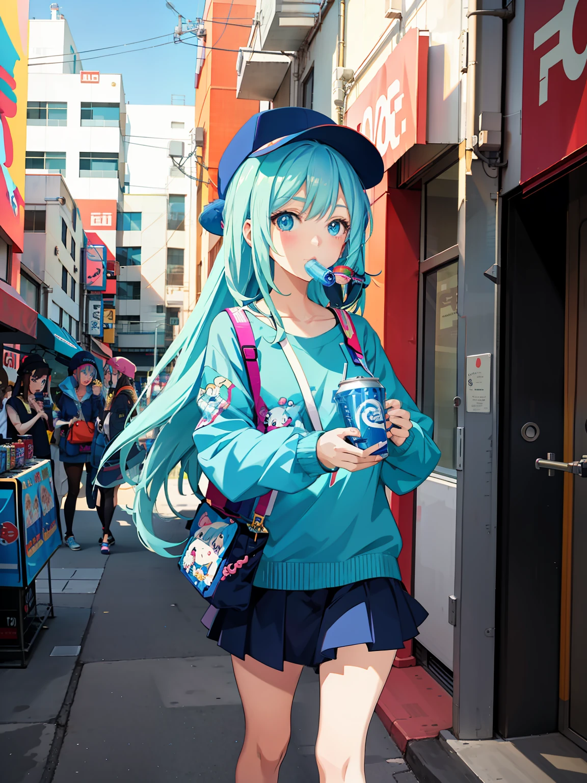 Anime girl drinking soda in blue hat, anime girls drink Energy drink, Guviz-style artwork, By Yuumei, Guviz, style of anime4 K, Digital anime illustration, Anime style. 8K, soda themed girl, Detailed digital anime art, anime styled digital art, Anime style illustration, anime art style, a beautiful anime portrait