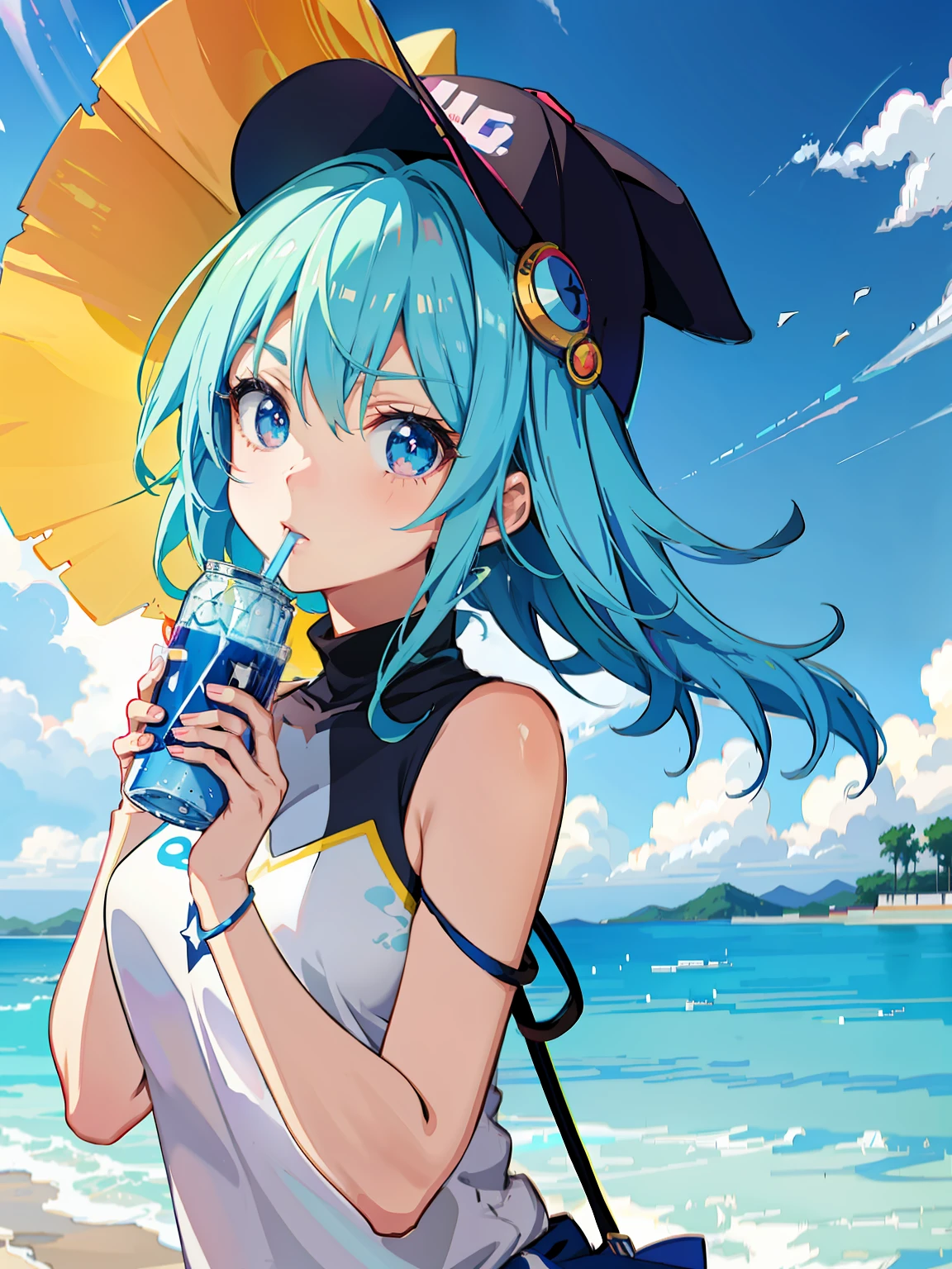 Anime girl drinking soda in blue hat, anime girls drink Energy drink, Guviz-style artwork, By Yuumei, Guviz, style of anime4 K, Digital anime illustration, Anime style. 8K, soda themed girl, Detailed digital anime art, anime styled digital art, Anime style illustration, anime art style, a beautiful anime portrait