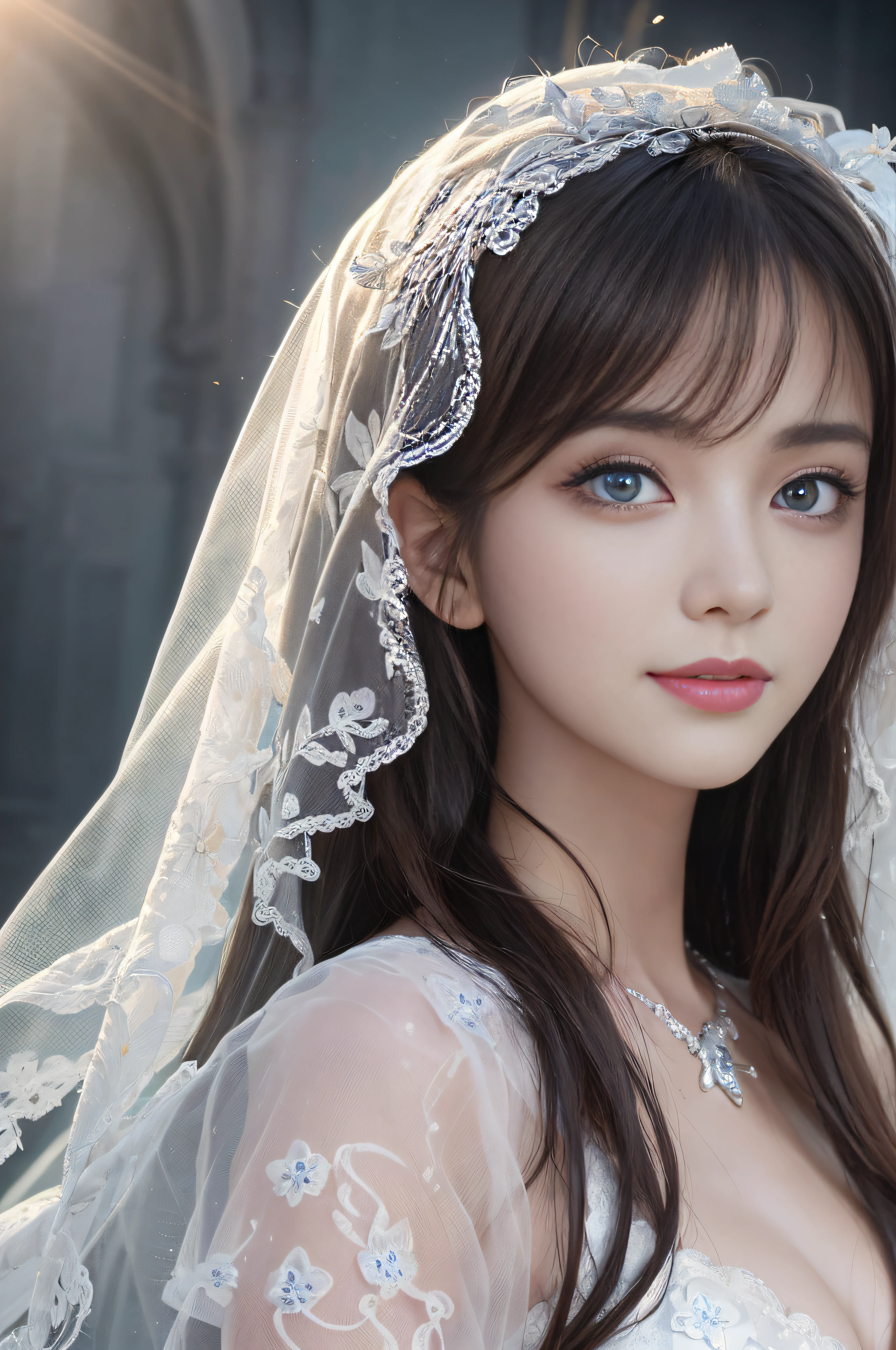 (hyperrealistic), (increase resolution), (8K), (extremely detailed), (best illustration), (beautiful detailed eyes), (best quality), (ultra detailed), (masterpiece), (wallpaper), (detailed face), early morning sun, solo, a pretty girl in white wedding dress, veil, cinematic light effects, backlight, light smile, blue eyes, long curly hair, looking at the audience, exquisite details, detailed face, deep shadows, understated, pureerosfaceace_v1 , smile, bangs