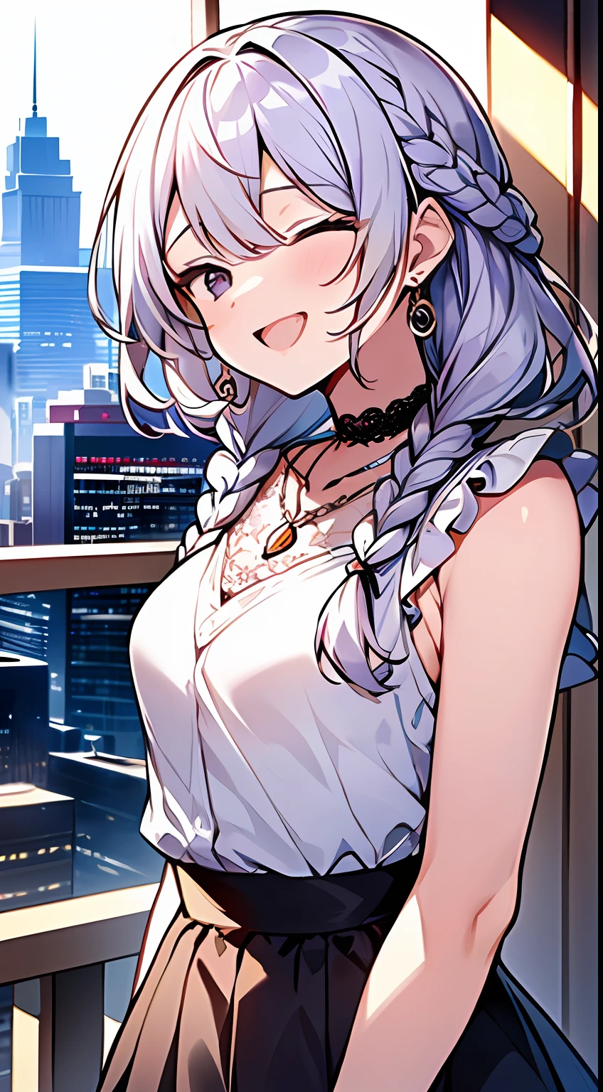 (Incredibly ridiculous absolute resolution:1.5)、HighestQuali、Master peace、超高分辨率、(Lori)、(Lace skirt、White sleeveless top,Lots of decoration、choker necklace、bangle) BREAK Shoujo Manga Style、Soft line art、Digital enhancement、A touch of shoujo manga、environment change scene、Shoujo Mangacore、(((The length of hair to the shoulders)))、(((short braids)))、Opens mouth and laughs、closing her eyes、modern city scape、Angle from which you can see the whole body、Beautiful and aesthetic:1.5、High quality:1.5