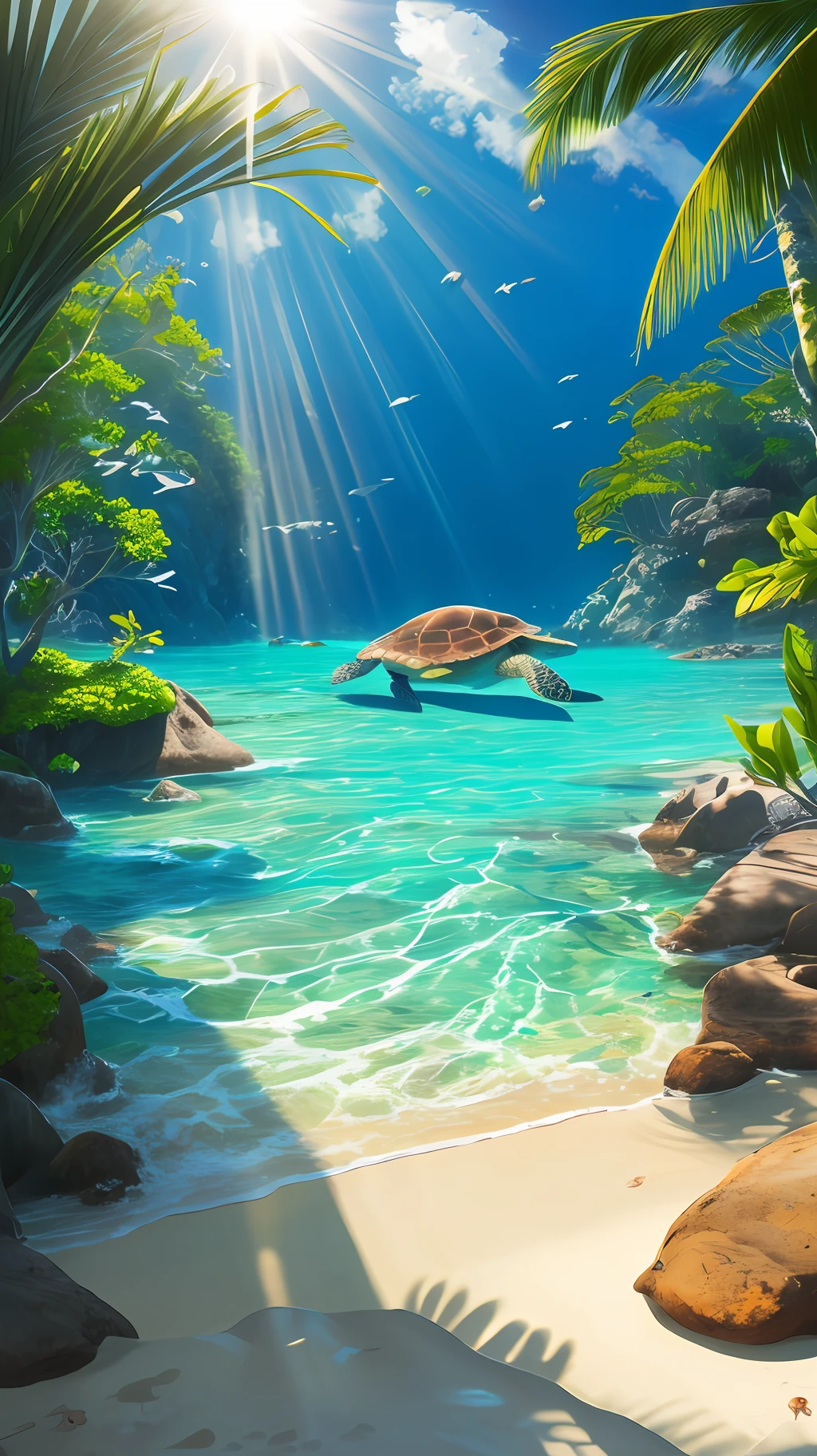 green turtle, ocean, tropics, shoal, Blue water, sunlight rays, Bright sun, tranquility, pacification, realistic --auto