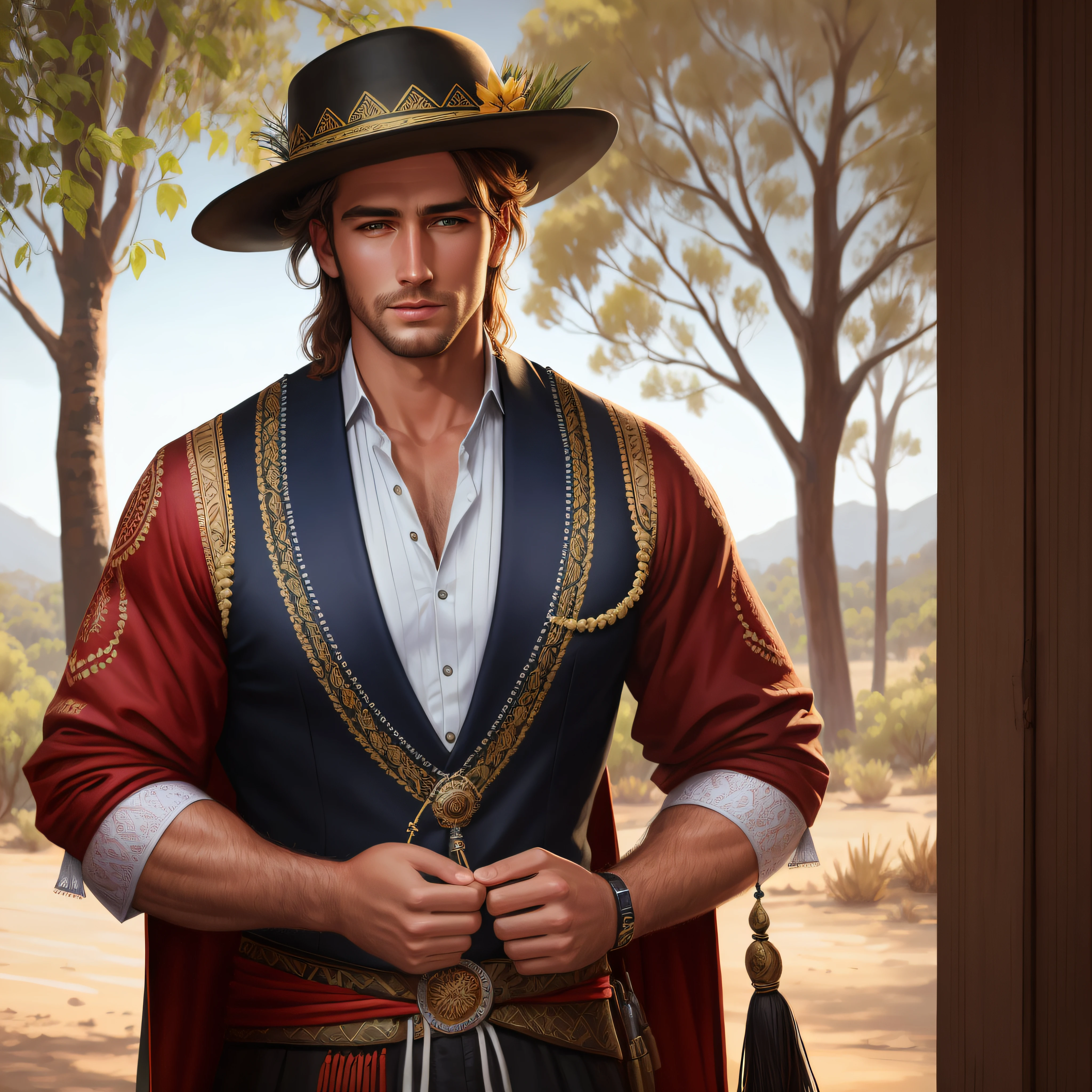 Australian Handsome man, Traditional Dress, Detailed, Hyper Realistic, 8k, UHD, Full Color, Digital Painting, Cinematic Beautiful Background