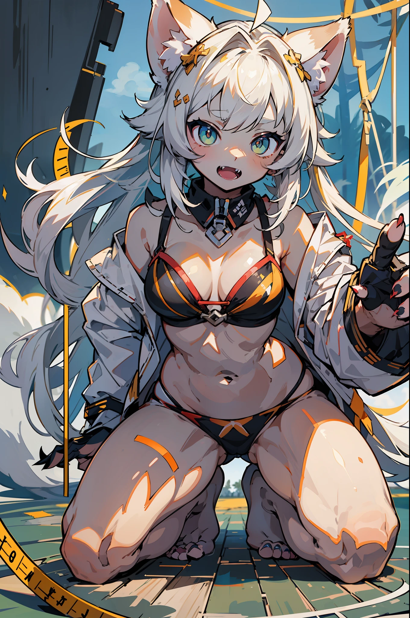 ​master piece,hyper quality, Hyper Detailed,Perfect drawing,1 beautiful girl、((maikurobikini))、(Ferret ears)、(Ferret tail)、(Ferret Palm)、Ferret paws、Ferret Hand、sharp claws、Sharp fangs、Eyes aiming at prey、white  hair、Dark eyes、Height 175cm、Measurement B90W55H85、Kneeling、pow pause