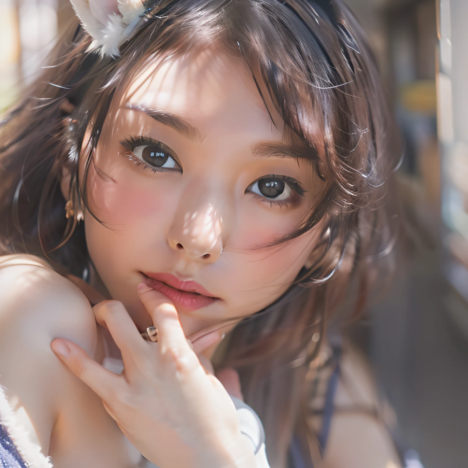 (8K、Raw photography、top-quality、masterpiece:1.2)、(realisitic、Photorealsitic:1.37)、top-quality、超A high resolution、light leaks、Dynamic lighting、Slim and smooth skin、breastsout、bunnygirl、izakaya、cleavage of the breast、cparted lips、s lips、 depth of fields