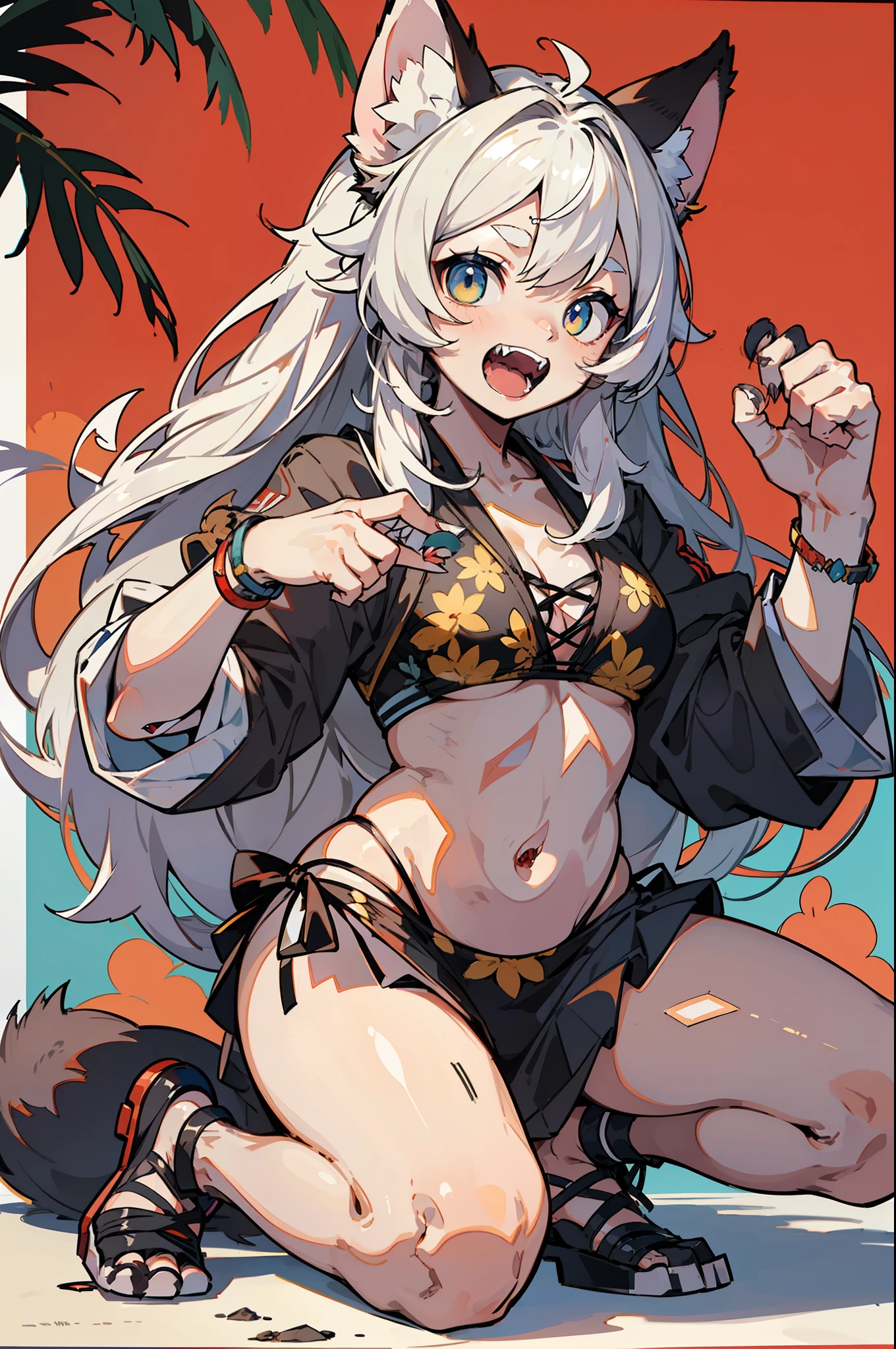 ​master piece,hyper quality, Hyper Detailed,Perfect drawing,1 beautiful girl、((maikurobikini))、(Ferret ears)、(Ferret tail)、(Ferret Palm)、Ferret paws、Ferret Hand、sharp claws、Sharp fangs、Eyes aiming at prey、white  hair、Dark eyes、Height 175cm、Measurement B90W55H85、Kneeling、pow pause