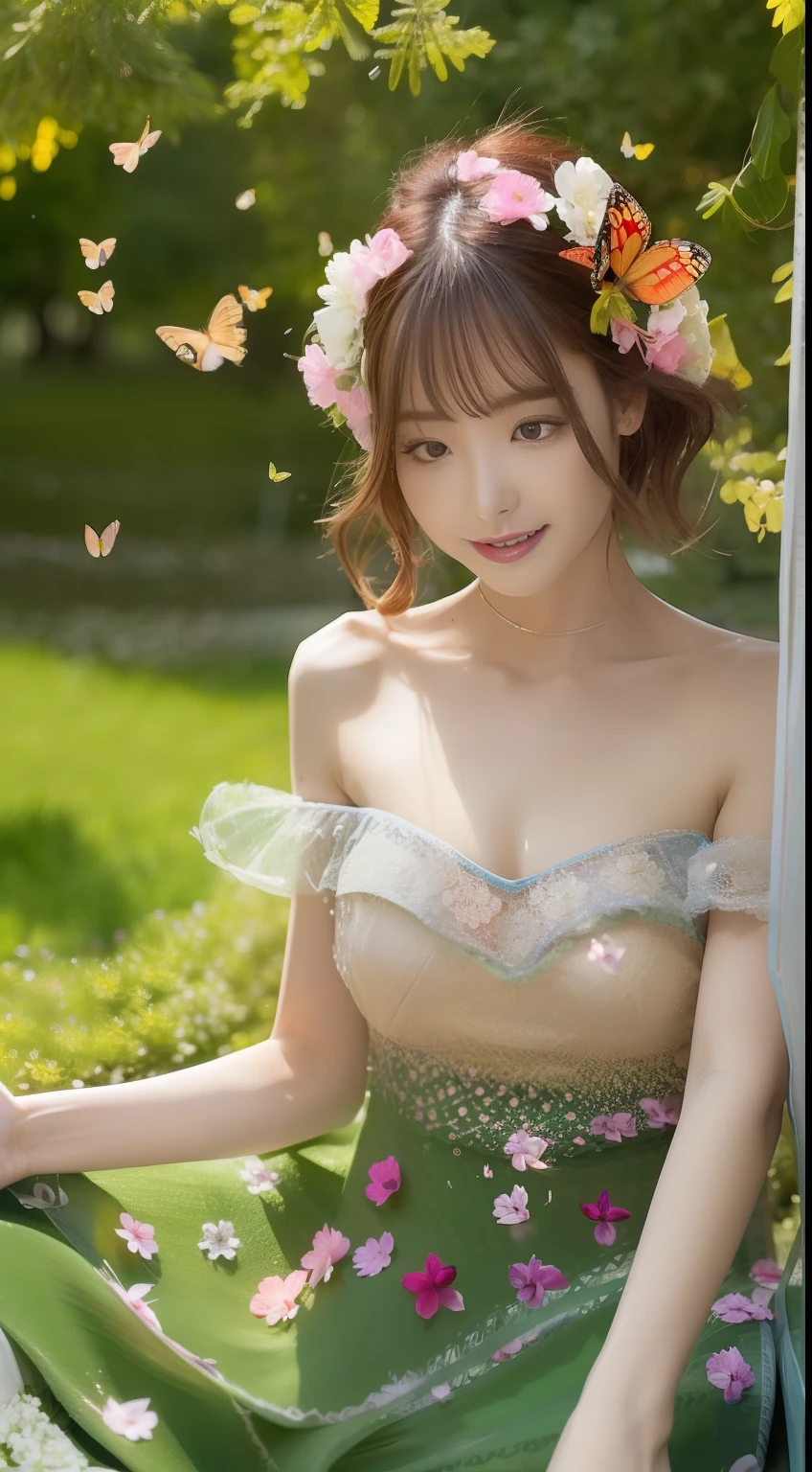 1girl, solo, full body, (masterpiece:1.21), (best quality:1.2), colorful, (illustration:1.2), (cinematic lighting:1.1), (bare shoulders:1.21), (collarbone:1.21) In this whimsical garden of fantasy, The scene is illuminated by a rainbow (colorful fireflies) dancing in the air. Soft (drizzle) adorns the garden, creating a hazy and ethereal atmosphere. In the center of the picture, there stands a single girl, an extremely delicate girl, with cute facial features and an innocent expression. Her long hair fluttered in the wind. She wears an ultra-low-cut strapless dress that accentuates her curves. The lighting is very delicate and beautiful, creating a soft and warm glow that highlights the surface of the water and makes it sparkle like a diamond. The best grass is also illuminated, creating a lush carpet. The garden is surrounded by colorful fields of flowers of all colors and shapes. You can see (colored butterflies) of various colors and sizes flying in the scene, adding to the overall sense of wonder and magic. (Officers), a flush can be seen on the bridge of the nose, and the mouth is slightly open, which adds to the overall sense of innocence and youth. Falling petals can be seen floating around her, adding to the overall romance and beauty. The gentle breeze, rustling leaves and swaying flowers add to the overall dynamism and vitality. It is a scene of pure wonder and magic, full of color and beauty, and viewers can lose themselves in this fascinating and fascinating world.
