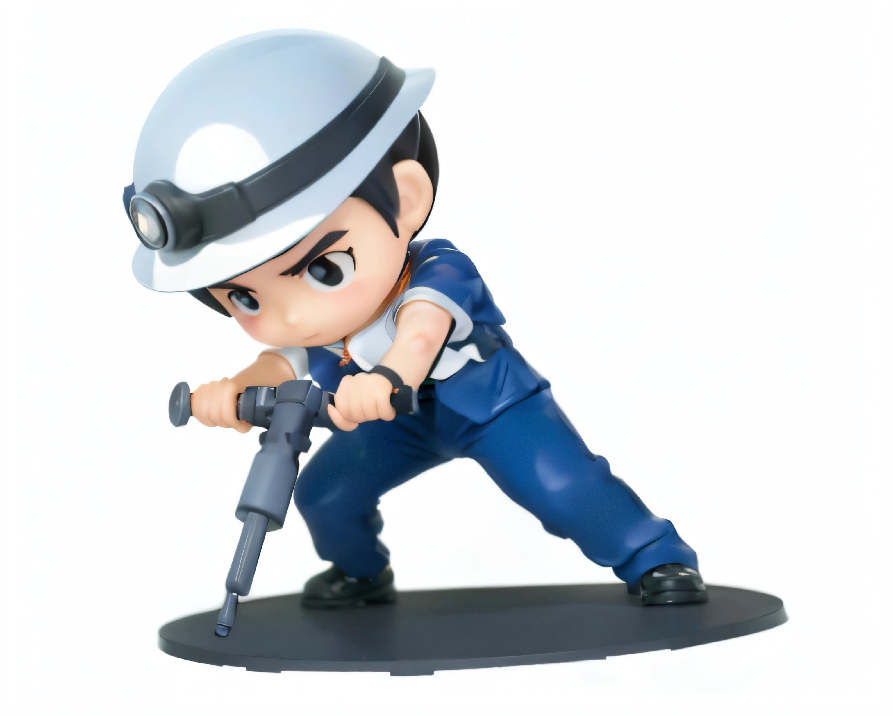 Strong light source,Top light source,warm lights,The head becomes larger,Hold the impact drill,Statue of worker in helmet,White bib,tense look,The face shape of a Chinese worker,Black colored eyes, q posket, hirohiko araki style, araki, tezuka osamu, anime action figure, banpresto, nendoroid, 1 figure only, vinyl toy figurine, inspired by Junpei Satoh, tchibi, battle action pose, pvc posable figure, pvc figurine, Anime figur