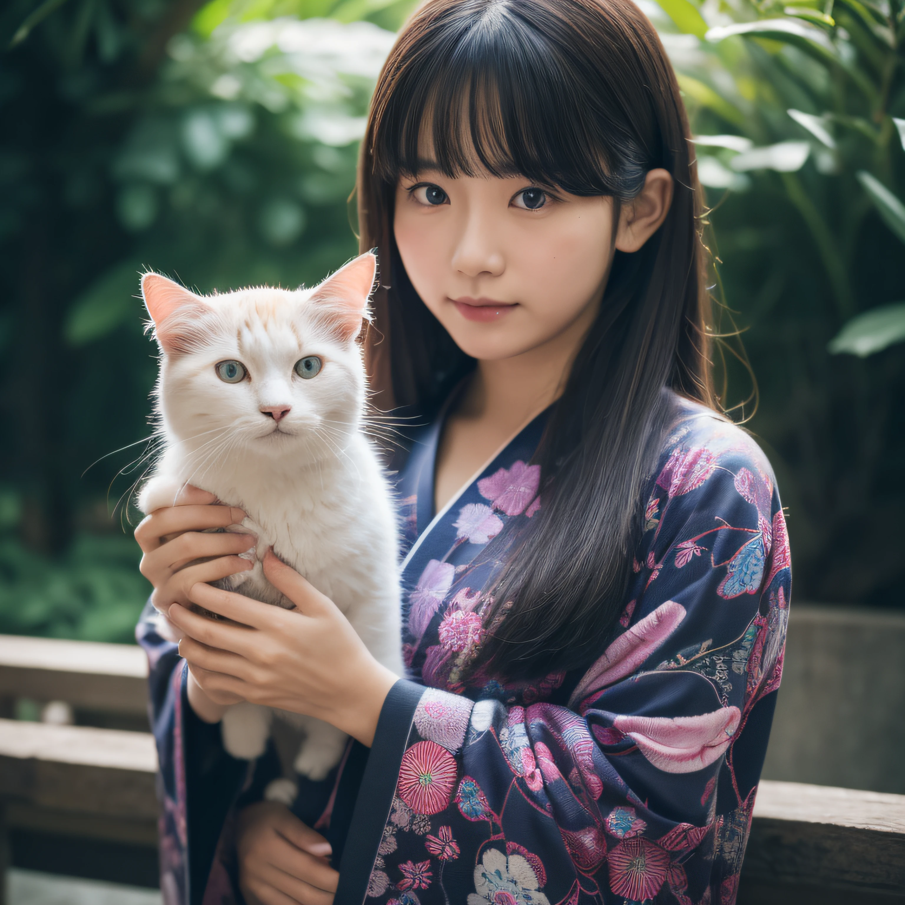hightquality, top-quality, Photorealsitic, Raw photo, realisitic, in 8K, ultra-detailliert, high-detail, ​masterpiece, 1girl in, length hair, A dark-haired, proximity, intricate detailes, Wearing a yukata、Holding a cat