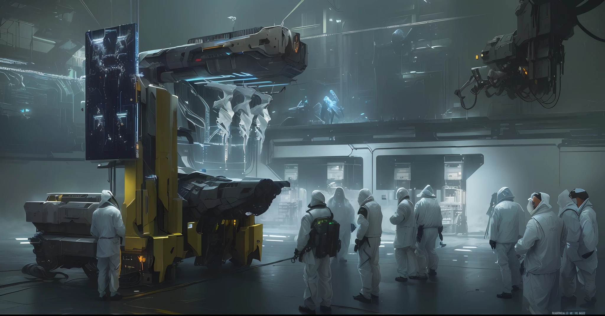 there are many people in white suits standing in a room, futuristic cloning facility, futuristic production facility, science fiction concept art, weta workshop concept art, stunning sci-fi concept art, resident evil virus concept art, sci-fi concept art, sci - fi concept art, inspired by Craig Mullins, by Craig Mullins, metal gear solid concept art