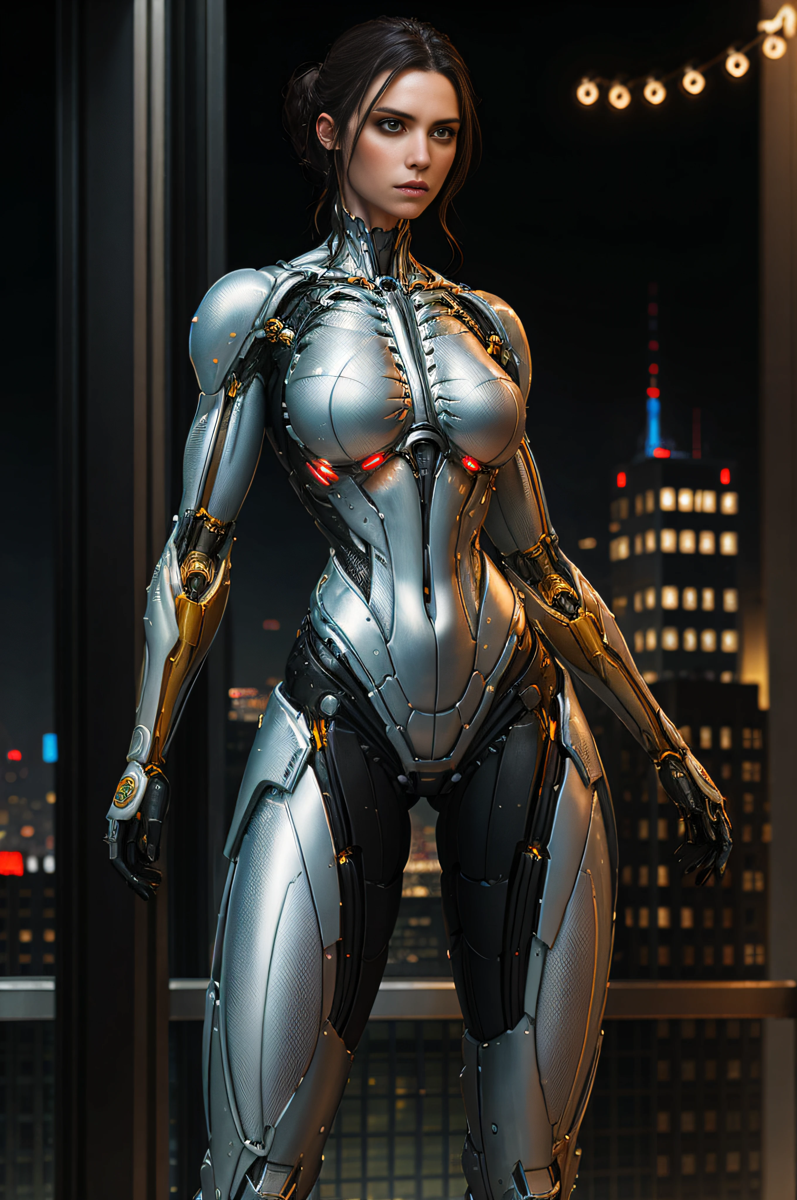 RAW, 1girl, white, full body shot, holographic White nanosuit, (masterpiece, best quality), (detailed skin:1.3, detailed face:1.3), dslr, realistic, standing on the ledge of a skyscraper looking at viewer, sharp focus, delicate, soft colors, cinematic lighting, lean girl, large breasts:1.4, dark background, citiscape in the background, bokeh