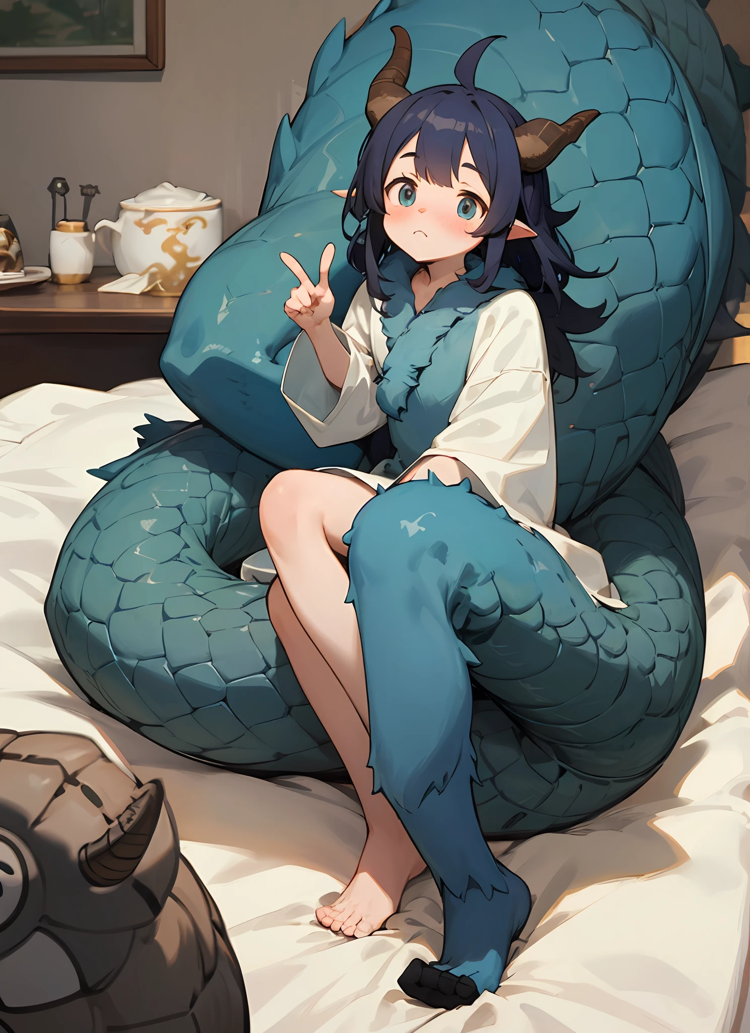 Furry blue sits on the bed, hairy bodies, Hairy feet, Hairy body,Totoro,Small stature,There are dragon horns,Enhance finger detailing