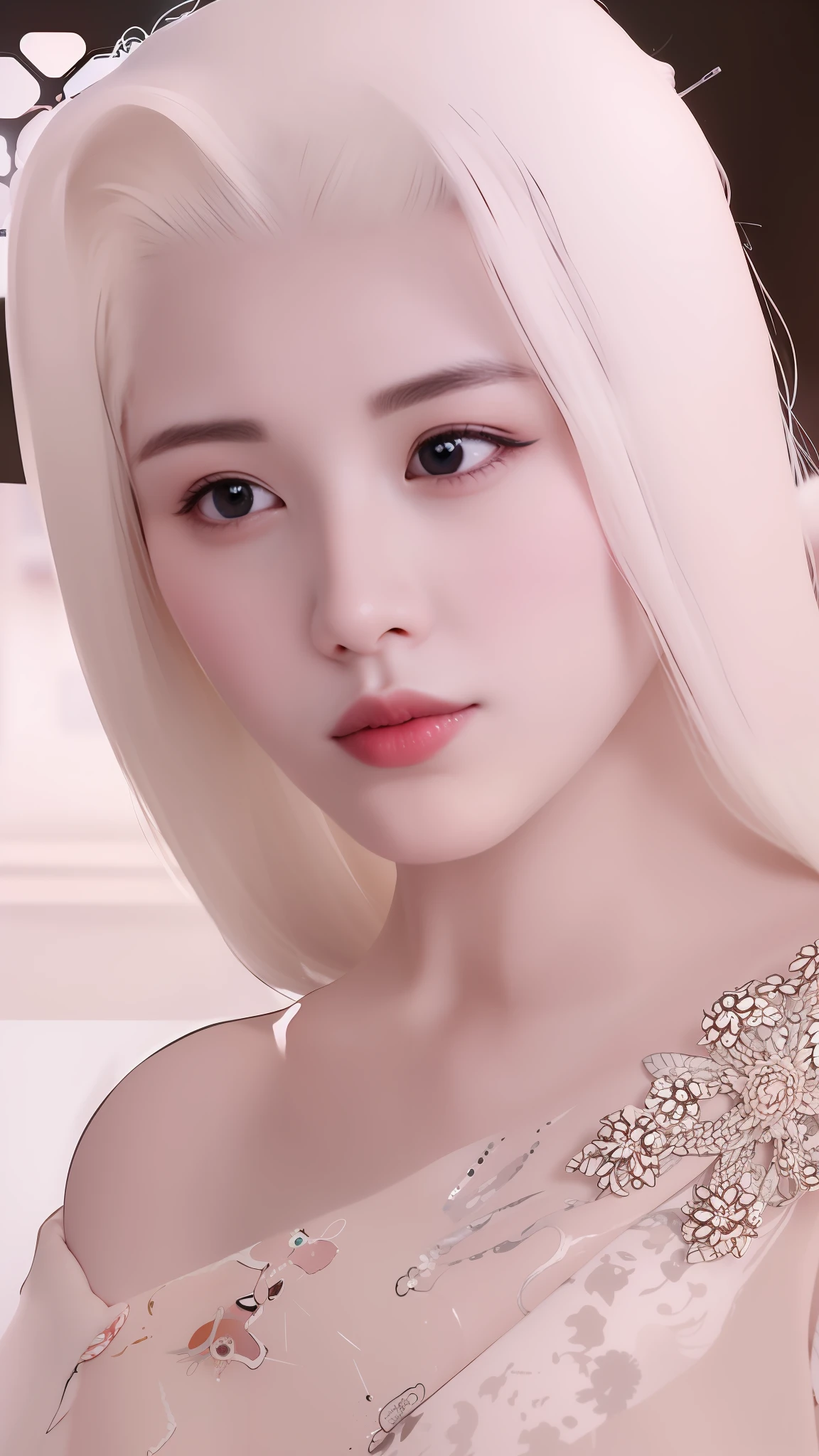 Close-up of a woman with white hair and straps, her face looks like an orchid, Realistic. Cheng Yi, jia, inspired by Sim Sa-jeong, ruan jia beautiful!, shaxi, Inspired by Huang Ji, portrait jisoo blackpink, jisoo from blackpink, inspired by Xie Sun, Inspired by Ai Xuan, inspired by Shao Mi