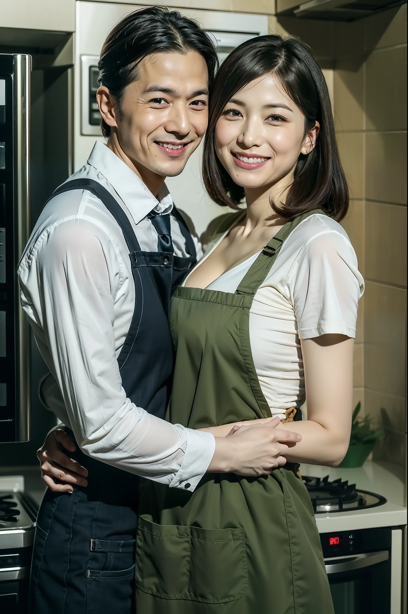 best qualtiy、masterpiece、fidelity:1.3、超A high resolution、(Photorealsitic:1.4)、Man and woman hugging each other in the kitchen(The woman is tall:1.5、Man is a boy)、1 Most Beautiful Mature Woman in Japan(Obscene big breasts:1.4、Wearing an apron、Bob Hair)、1 boy with a cute face(shortsleeves)The ultra -The high-definition
