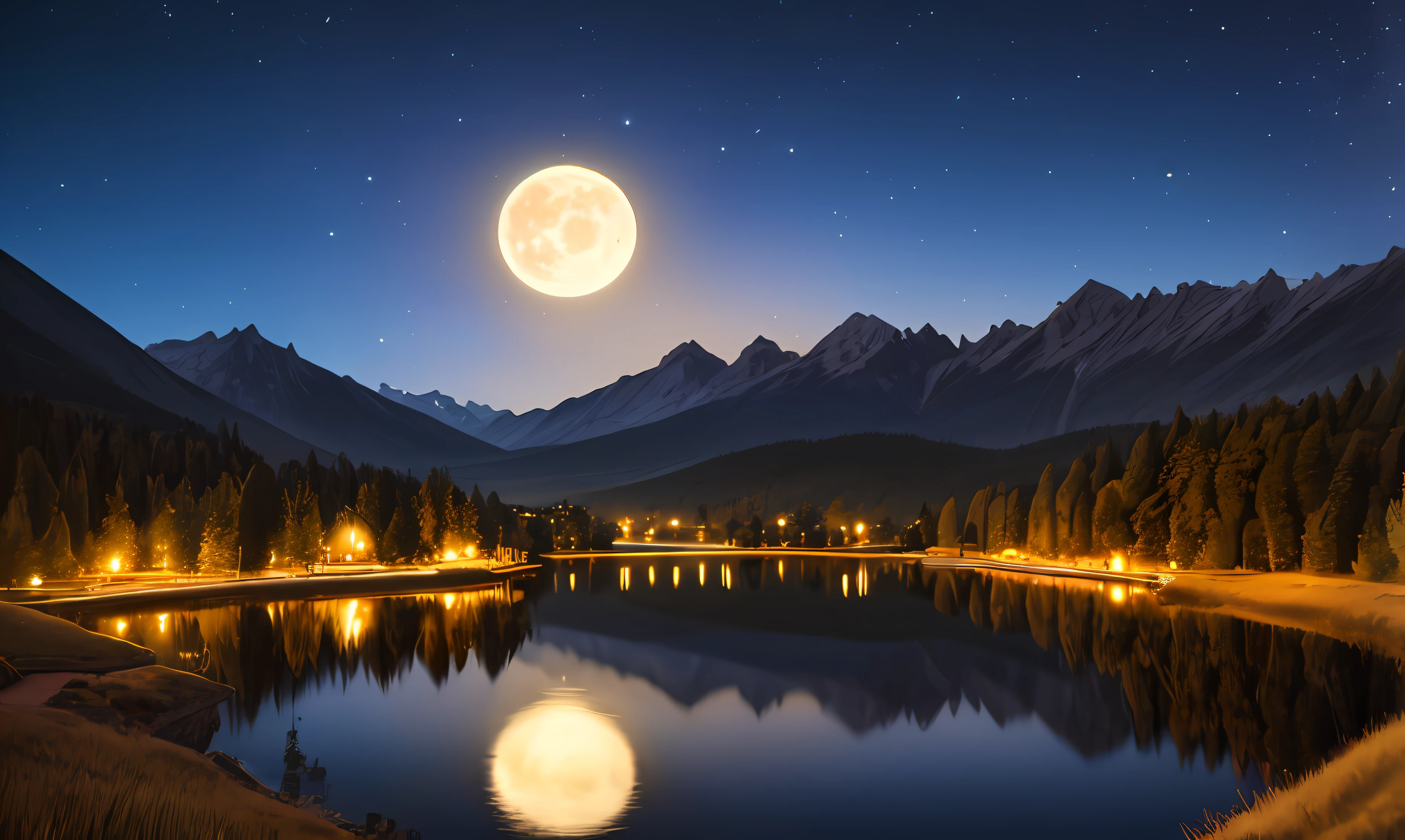 Very starry night. A giant moon behind the mountains. A tranquil lake reflecting the night. Realistic scene, detailed, photorealism, 8k