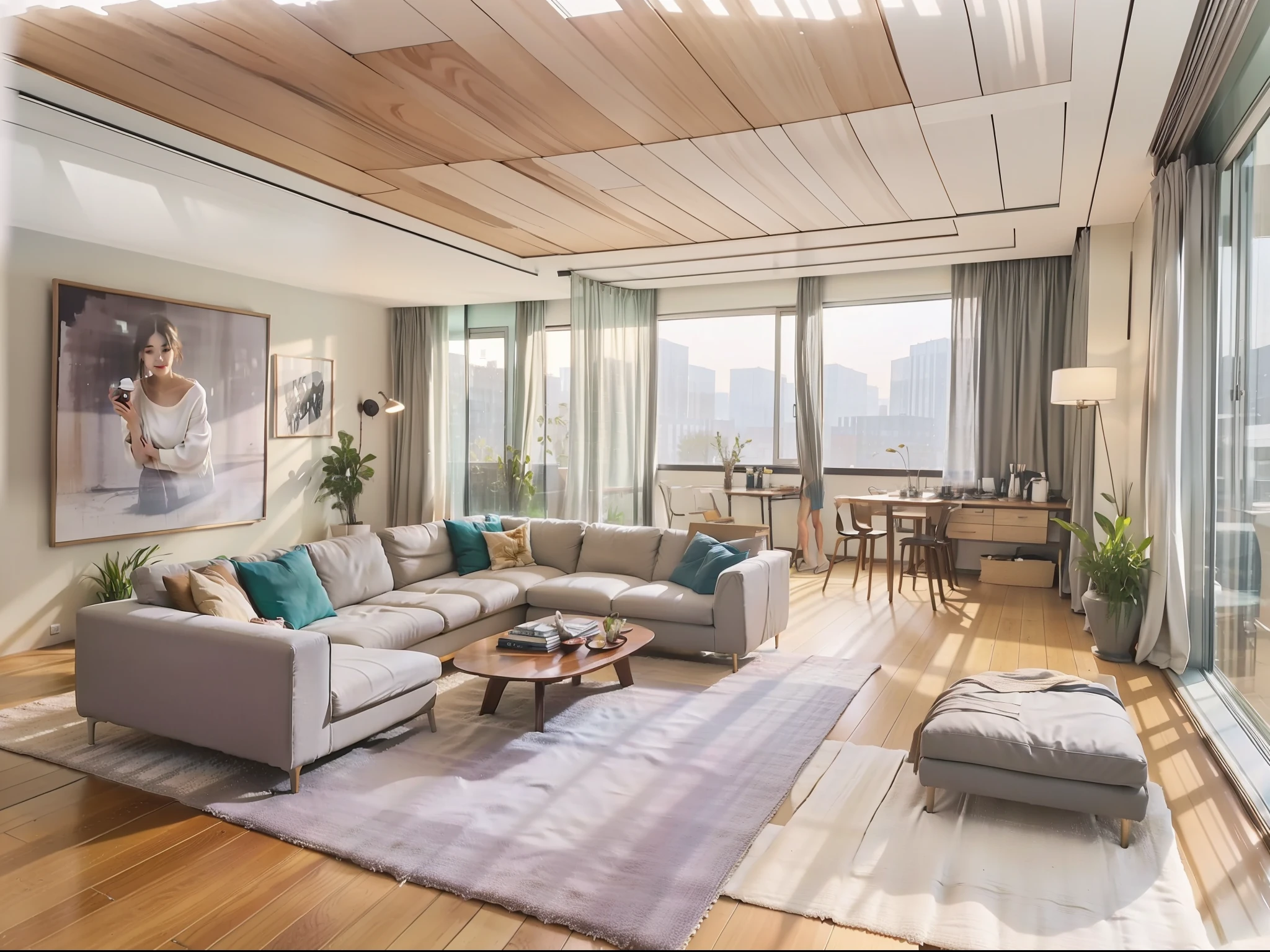 a sketch of a beautiful modern living room, (((foster and partners, artists impression, artistic impression, by Hamish MacDonald, by Carey Morris, by David Brewster, higher detailed illustration, by Helen Berman, an illustration, detailed illustration, by Nick Fudge, by Warren Mahy, artist's impression))), a kitchen cabinet behind the white sofa, with minimal pictures on the wall, linen curtain next to the classroom window, coffee table, modern wood, ceiling with magnetic emissive lighting, white fabric PRB textures, wooden floor PRB texture,