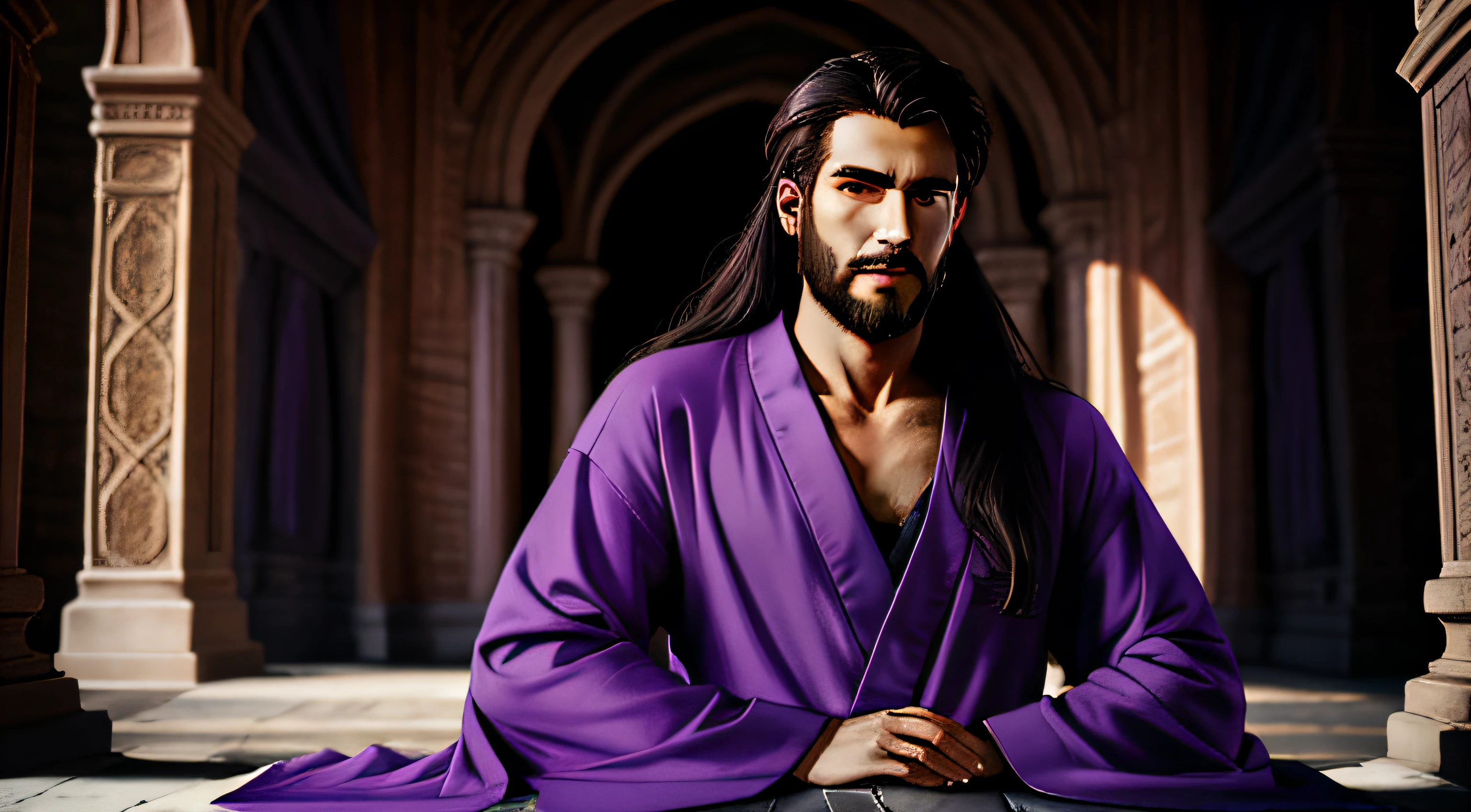 Realistic and high quality epic art，mtu，Sparse beard，Purple noble robe，mages，full bodyesbian，Western European architecture