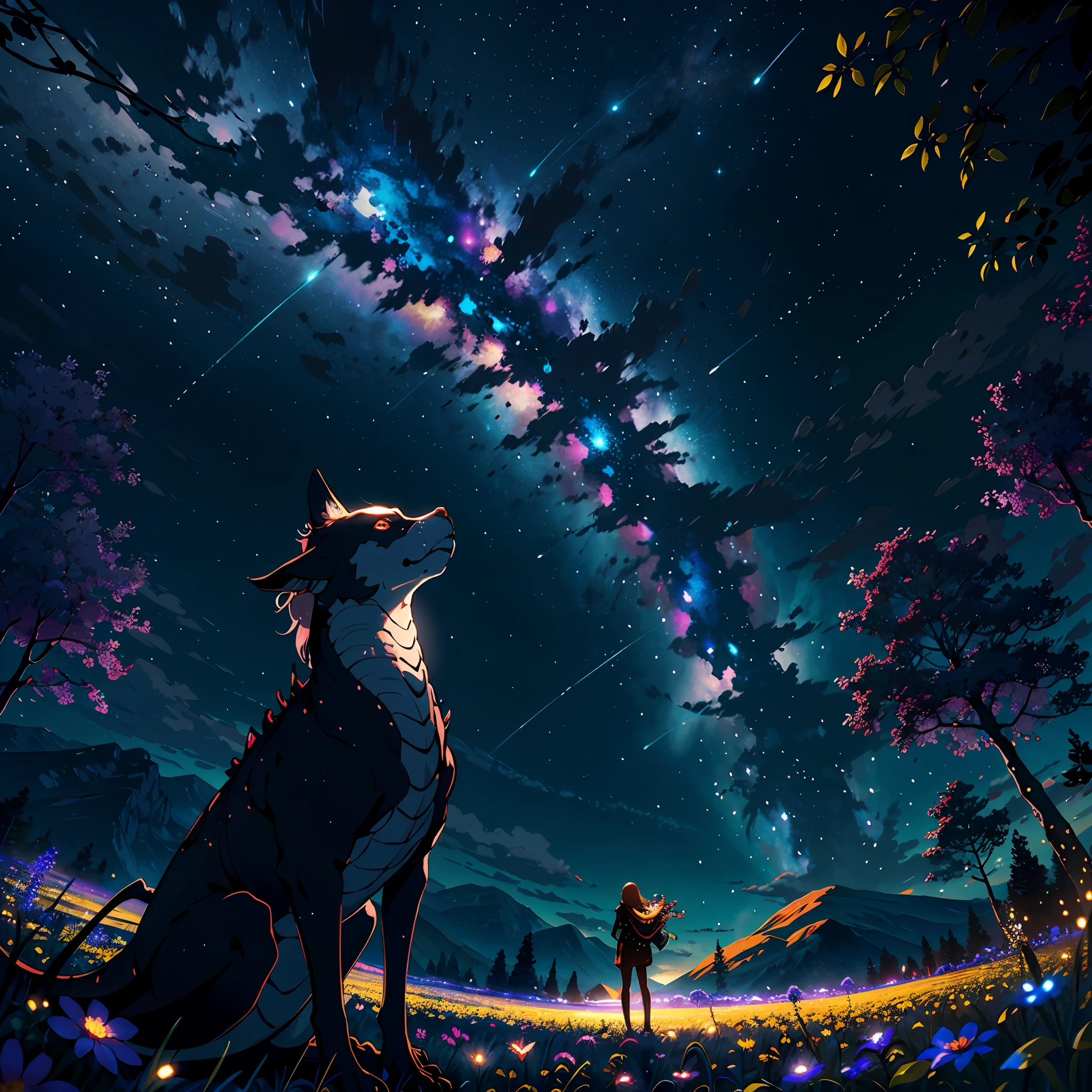 Vast landscape photos、(View from below with a view of the sky and the wilderness below)、Girl standing in a flower field and looking up、(fullmoon:1.2)、(shooting stars:0.9)、(nebulas:1.3)、mountain in the distance、Tree Break Production Art、(Warm color light source:1.2)、(fireflys:1.2)、abajour、Purple and orange、intricate detailes、Volume Lighting BREAK (masterpiece:1.2)、(top-quality)、4K、ultra-detailliert、(The composition of the movement:1.4)、Highly detailed and colorful details(Irridescent color:1.2)、(Glowing lighting、Atmospheric illumination)、dream-like、Magical、(独奏:1.2)、Milky Way like a dragon