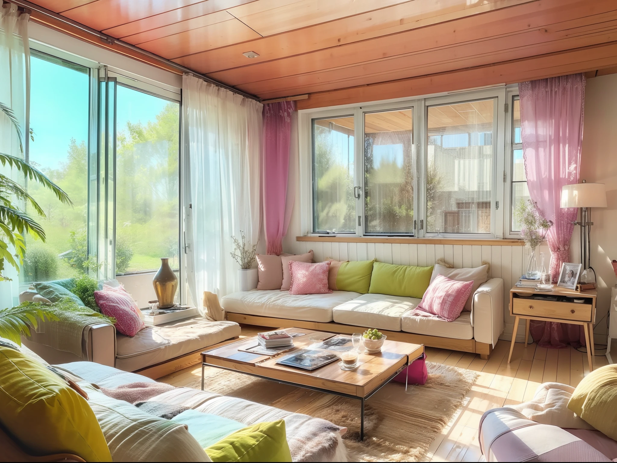 a sketch of a beautiful modern living room, (((foster and partners, artists impression, artistic impression, by Hamish MacDonald, by Carey Morris, by David Brewster, higher detailed illustration, by Helen Berman, an illustration, detailed illustration, by Nick Fudge, by Warren Mahy, artist's impression))), a kitchen cabinet behind the white sofa, with minimal pictures on the wall, linen curtain next to the classroom window, coffee table, modern wood, ceiling with magnetic emissive lighting, white fabric PRB textures, wooden floor PRB texture,