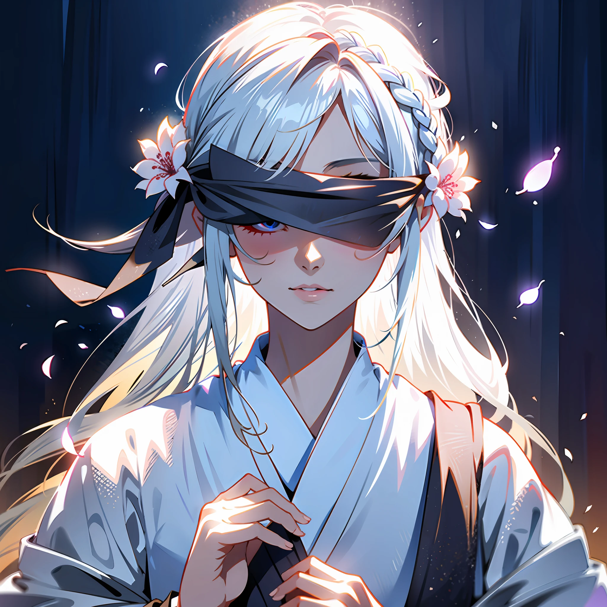 8K,best qualtiy,tmasterpiece,超高分辨率,Epic and beautiful character art,Stunning character art,A woman wears a black cloth belt to cover her eyes,Gray hair,Anime girl with flowers in her hair, Gray background,This is a detailed Onmyoji style art,Whiten face,frostbite,Silk robes,Very beautiful girl,The blind freedom of a few,style of anime4 K, Anime wallpaper 4K, White-haired god, anime styled 3d