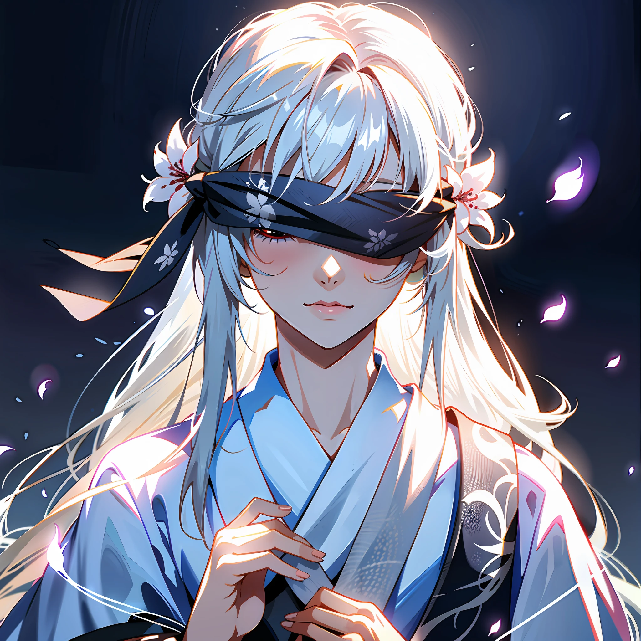 8K,best qualtiy,tmasterpiece,超高分辨率,Epic and beautiful character art,Stunning character art,A woman wears a black cloth belt to cover her eyes,Gray hair,Anime girl with flowers in her hair, Gray background,This is a detailed Onmyoji style art,Whiten face,frostbite,Silk robes,Very beautiful girl,The blind freedom of a few,style of anime4 K, Anime wallpaper 4K, White-haired god, anime styled 3d