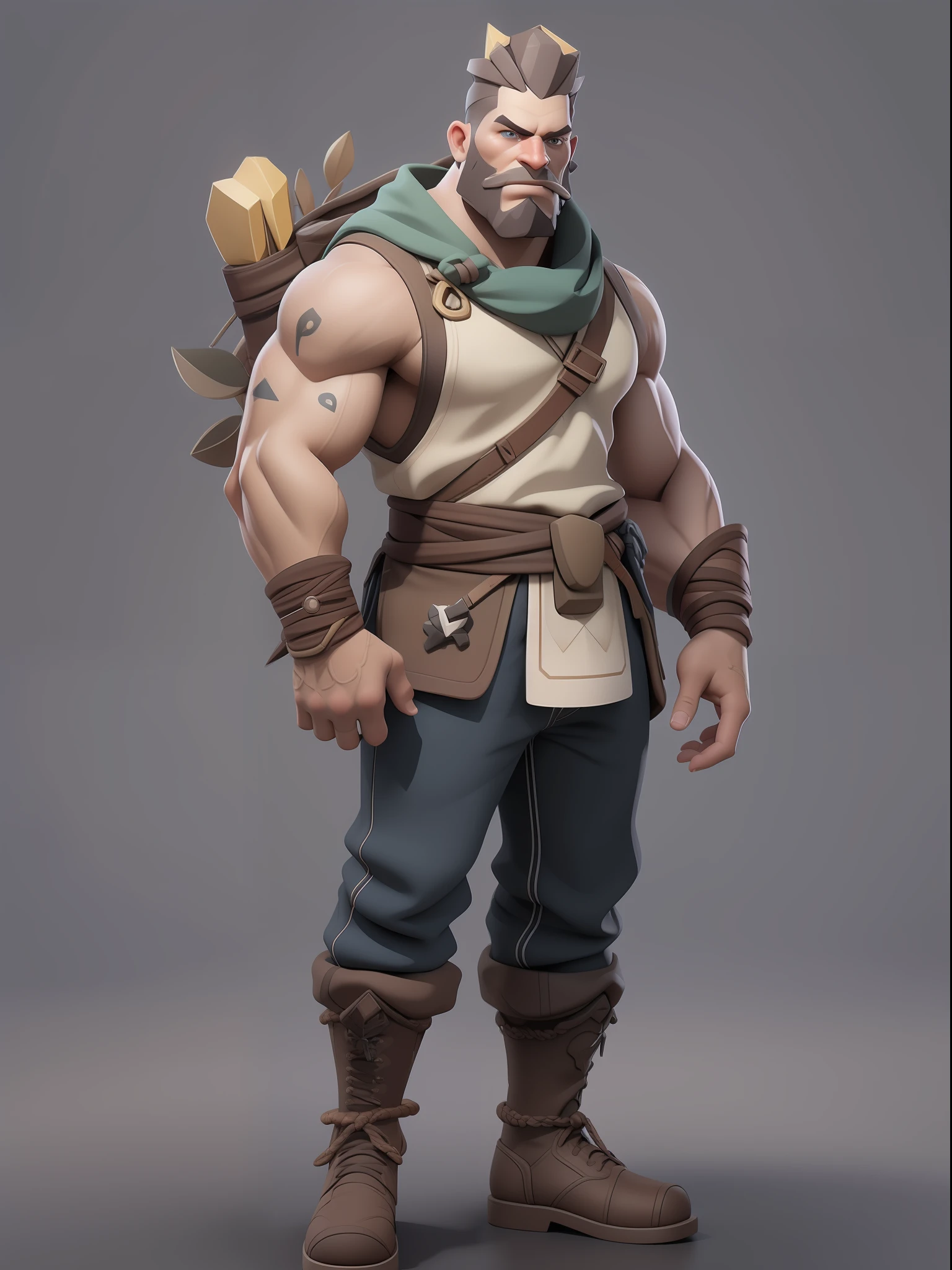 1 original boy，Full body like，（European and American cartoon Q version，3D model rendering，Primitive barbarian style），Skinny archer，Floral decoration，Barbarians，Clash Royale style，Cartoon model rendering，low poly，highly details eye、beauitful face，Mini Dwarf，Complicated details，Full body standing painting，white backgrounid，tmasterpiece，best qualtiy，Best resolution，8K