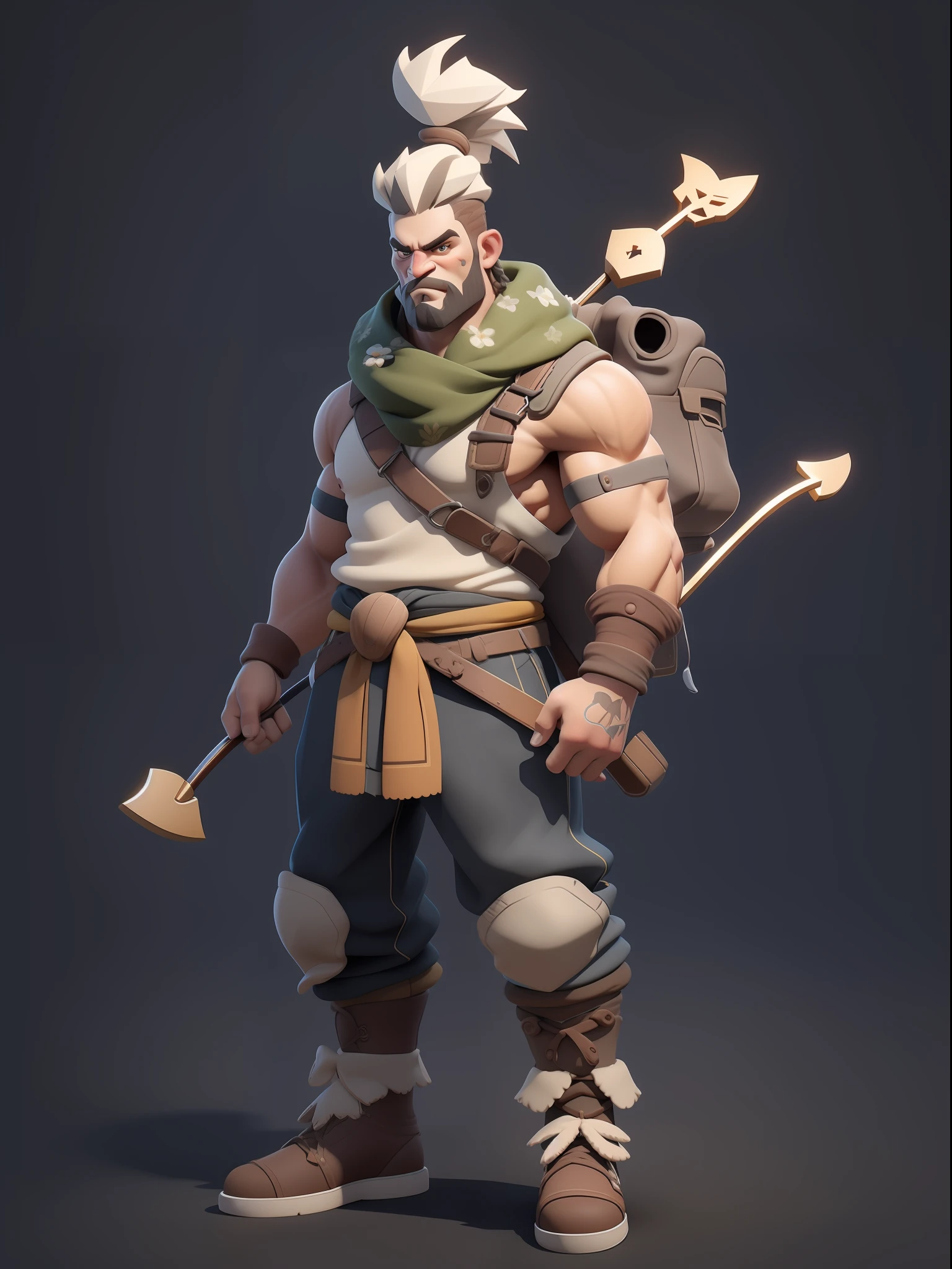 1 original boy，Full body like，（European and American cartoon Q version，3D model rendering，Primitive barbarian style），Skinny archer，Floral decoration，Barbarians，Clash Royale style，Cartoon model rendering，low poly，highly details eye、beauitful face，Mini Dwarf，Complicated details，Full body standing painting，white backgrounid，tmasterpiece，best qualtiy，Best resolution，8K