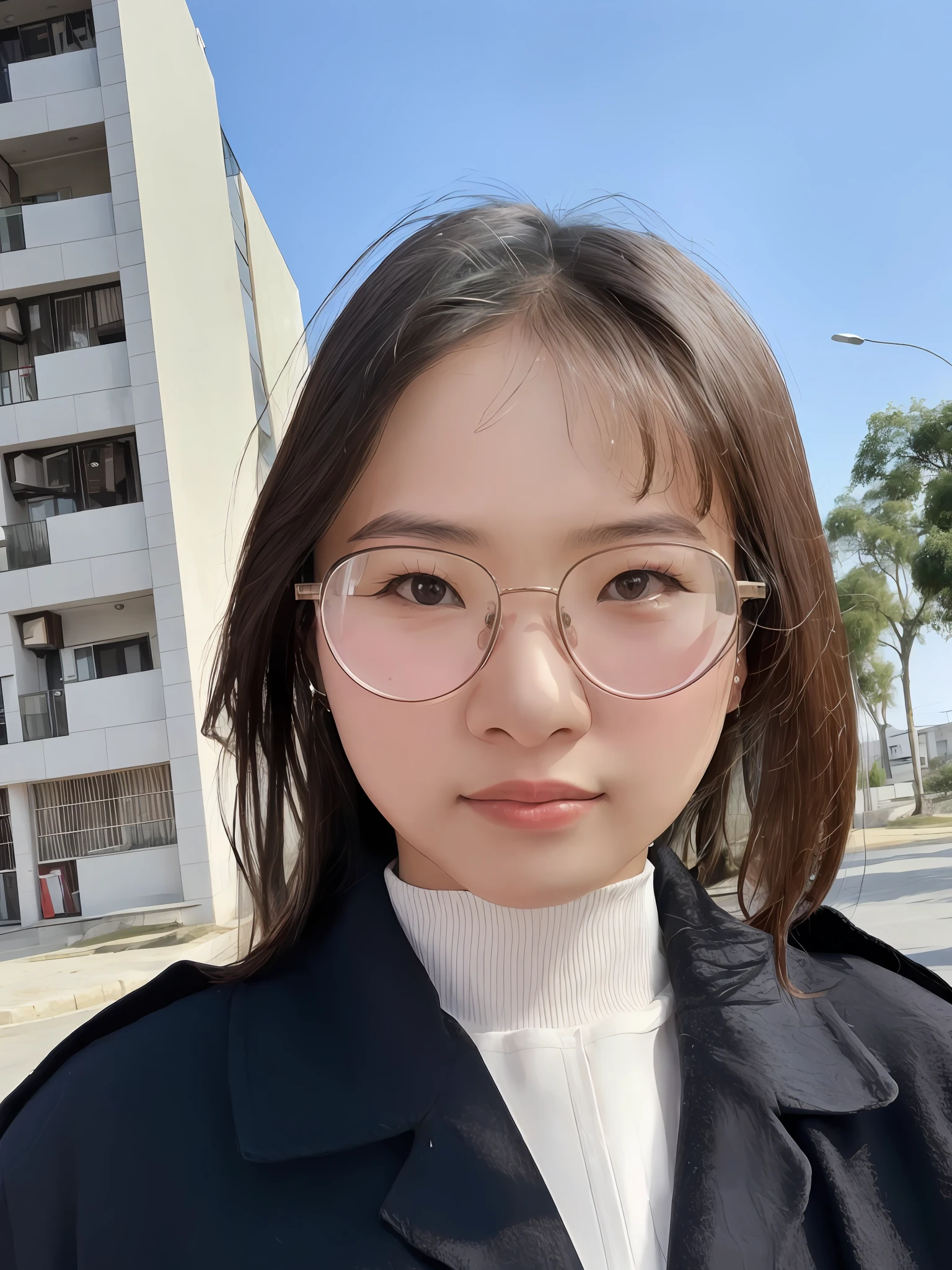 Close-up of a woman with glasses standing in front of a building, With glasses, xintong chen,