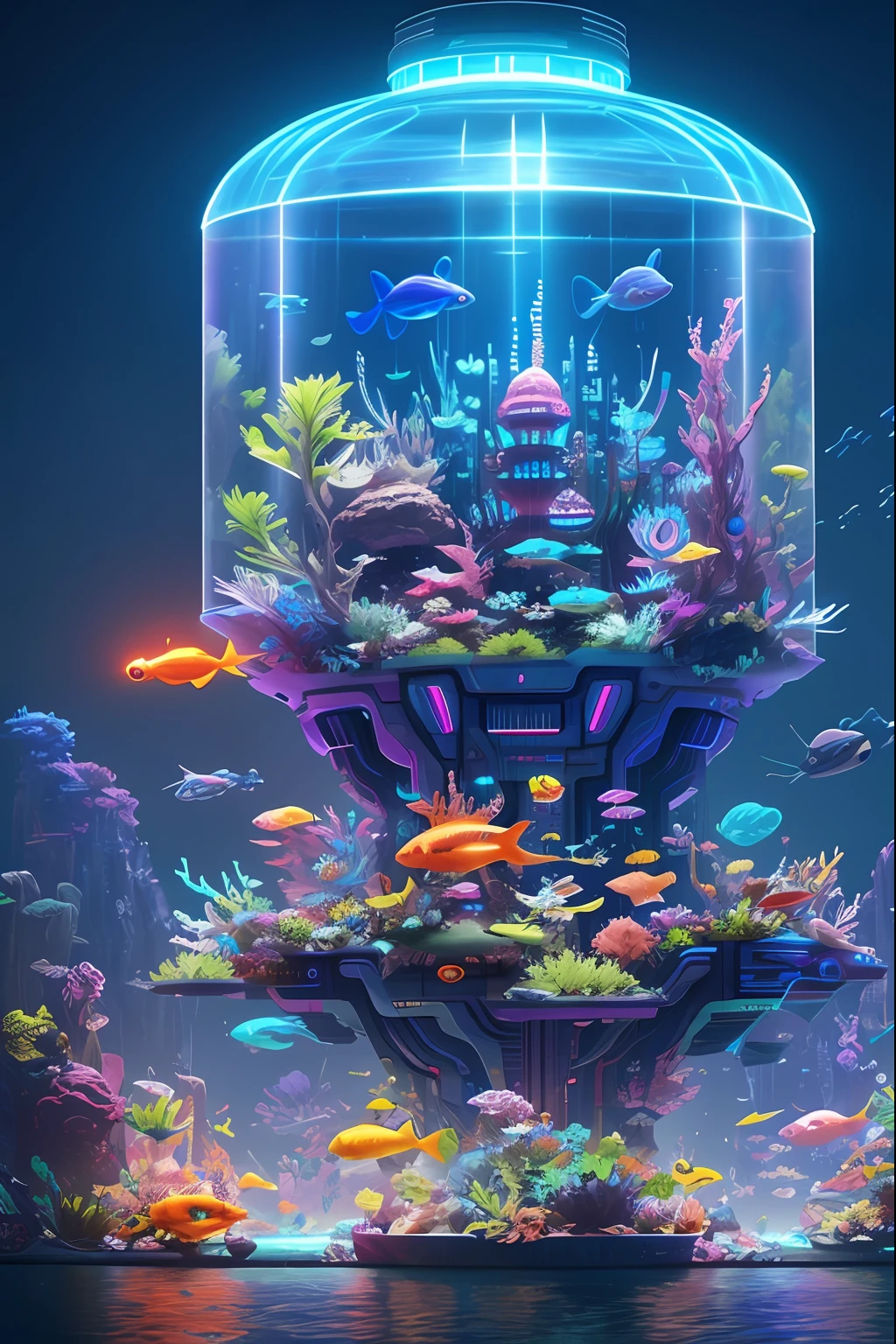 There is a large aquarium，There are fish in it, colorful concept art, 8 K high detail concept art, neon glow concept art, futuristic underwater metropolis, 3 d render beeple, lush garden spaceship, 8k resolution concept art, Ultra detailed concept art, Stylized concept art, Riot game concept art, concept art 8k resolution