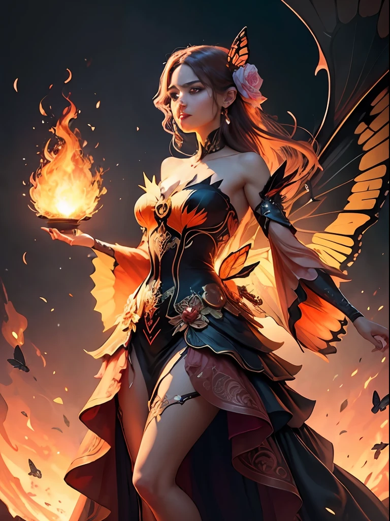 A woman in a dress,Butterflies fluttered around her, the butterfly goddess of fire, dress made of fire, Beautiful digital artwork, 8K stunning artwork, beautiful fantasy art, Beautiful art UHD 4 K, Fantasy art Behance, 4K fantasy art, fire dress, very beautiful fantasy art, Fantasy art style, 8K fantasy art, lady with glowing flowers dress --auto