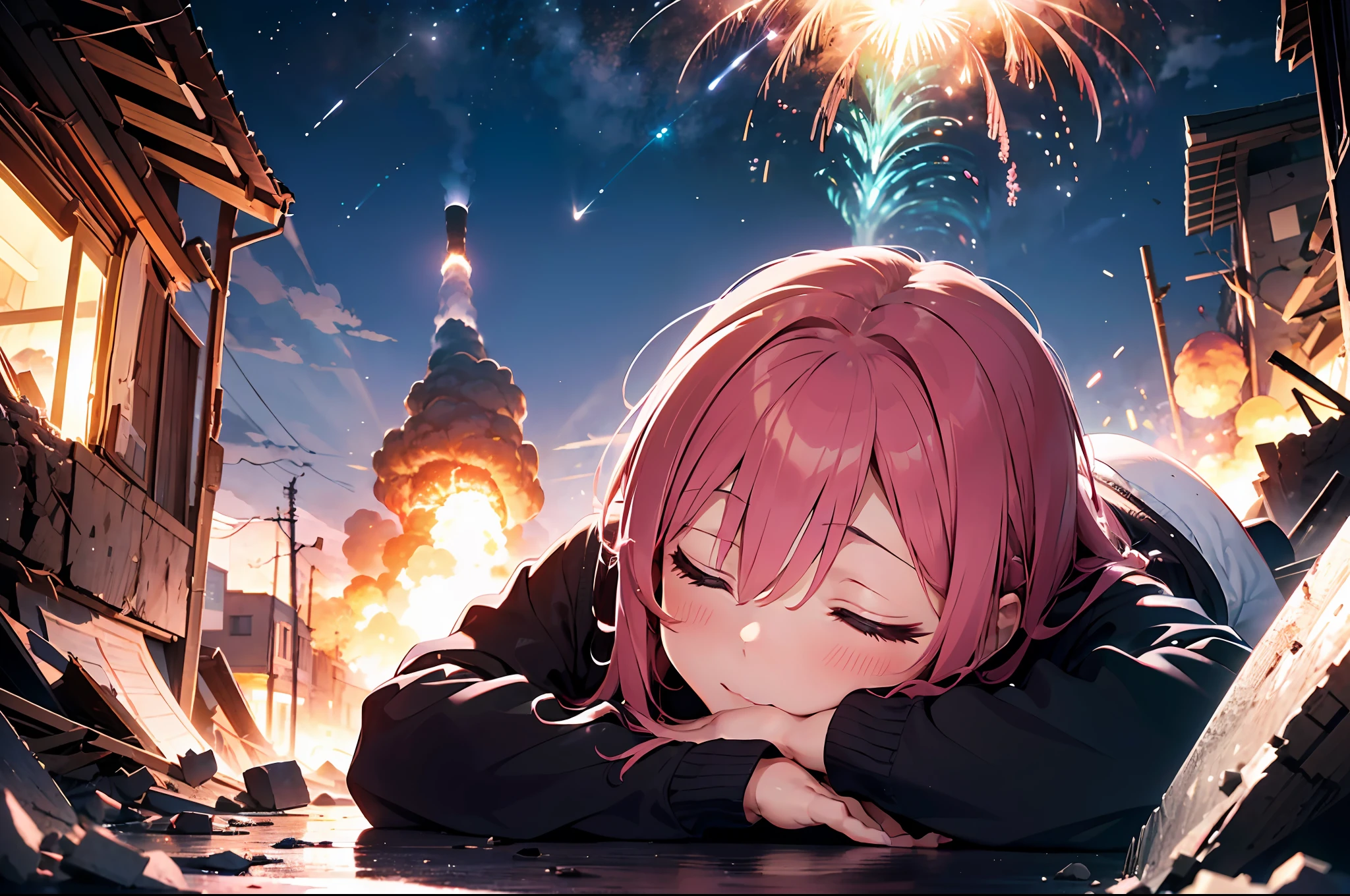 (Girl lying on her back in the rubble)laying on back((Closed eyes:1.5)).pinkhair.Long hair.Hair over one eye.Fulll body Shot.wearing pajama。sleep、Seen from afar、explosions :2.nuclear explosion behide.Sateen