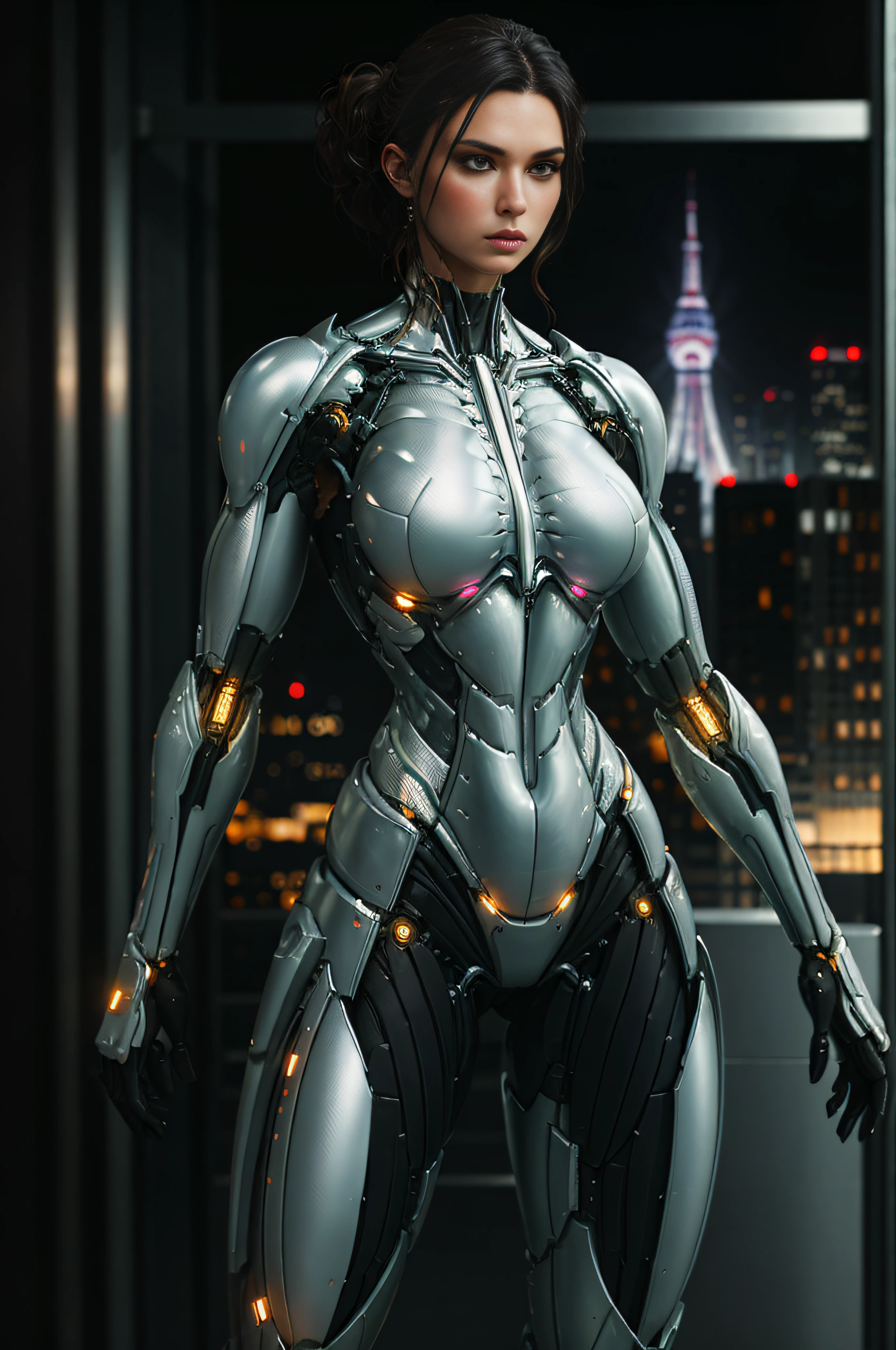 RAW, 1girl, white, full body shot, holographic White nanosuit, (masterpiece, best quality), (detailed skin:1.3, detailed face:1.3), dslr, realistic, standing on the ledge of a skyscraper looking at viewer, sharp focus, delicate, soft colors, cinematic lighting, lean girl, large breasts:1.4, dark background, citiscape in the background, bokeh