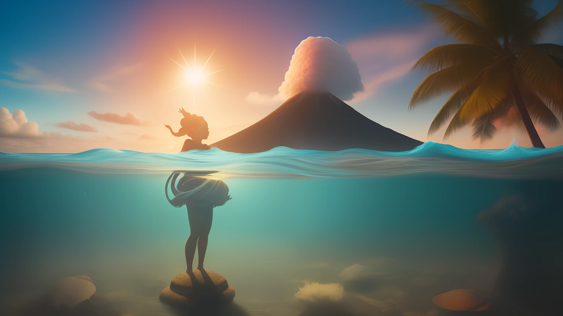 epic movie poster, volcano erupting, award winning (full body:1.3) portrait photo of a (moana:1.2), (seashell bikini:1.2), (water goddess:1.2), tribal tattoos, (wading:1.2) in the pacific (ocean:1.1), arms behind head, (partially submerged shot:1.2), (waves:0.9), desert island background, palm trees, beach,fluffy clouds in the sky, outrun, vaporware, trending on artstation, highly detailed, fine detail, intricate, (lens flare:0.9), (backlighting:0.9), (bloom:0.9), [Style-Micro::10]