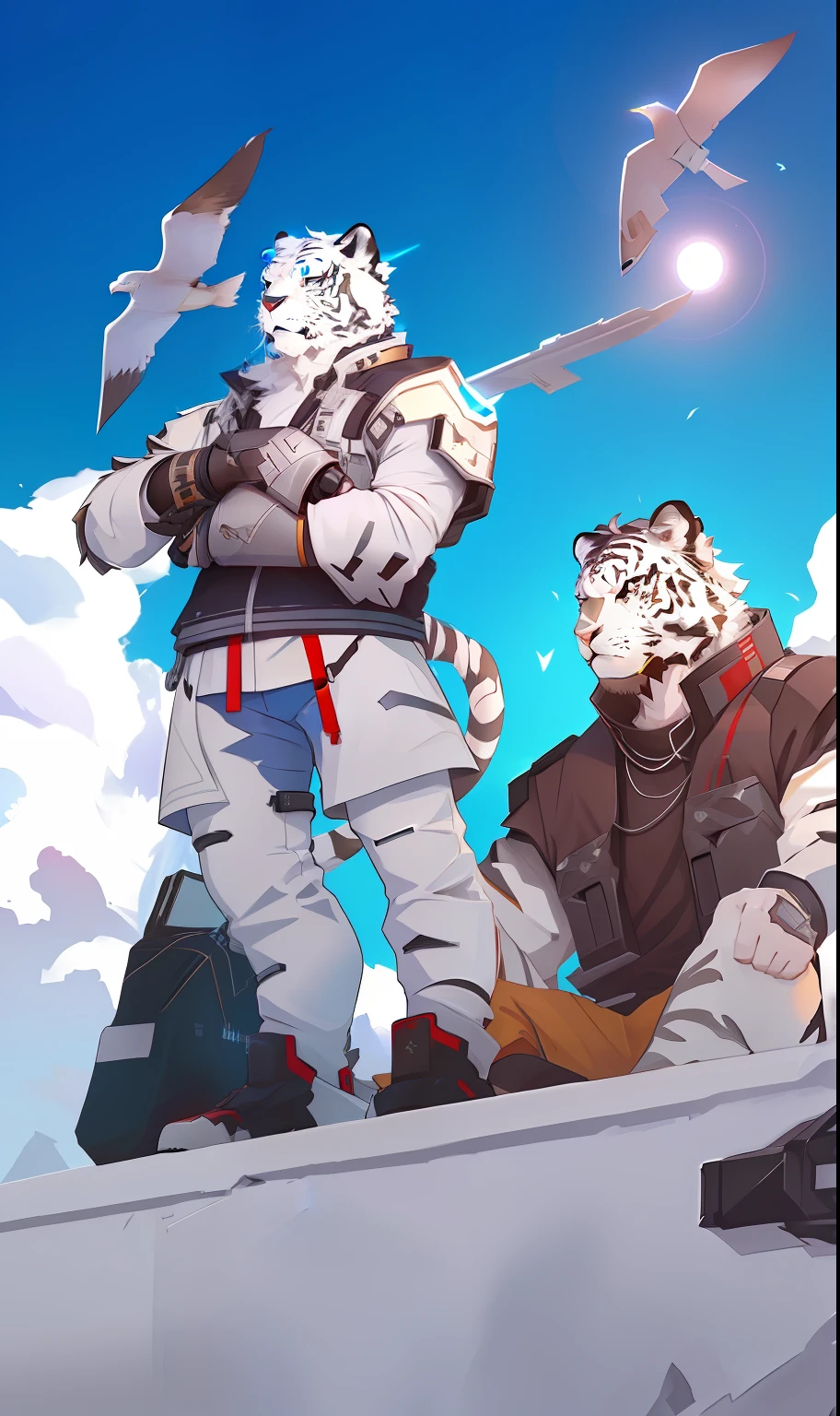 Anime characters standing on the pier，arknights, Badass anime 8 K, Furry anime, POV furry art, Epic anime style, White Tiger anime, High-quality fanart, 4k manga wallpapers, ig studios anime style, style of anime4 K, In anime style, author：New Art, An anime cover, High Quality Anime Art Style, in style of apex legends，arknight，Ark Night Operator，Arknights Operator，mont