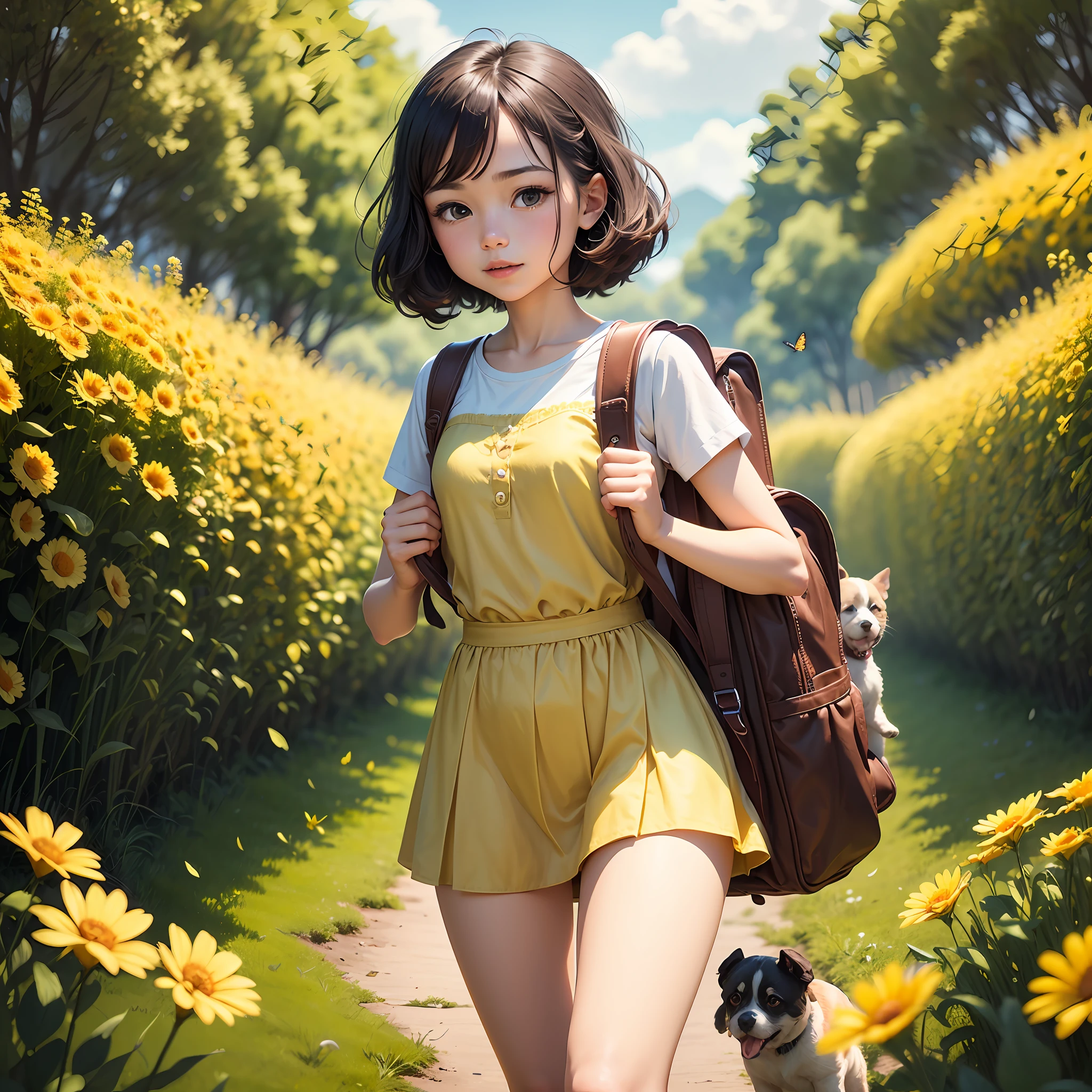 An incredibly charming girl carrying a backpack, accompanied by her adorable puppy, enjoying a lovely spring outing surrounded by beautiful yellow flowers and natural scenery. The illustration is in high definition at 4k resolution, with highly-detailed facial features and cartoon-style visuals, (Butterfly Dance) --auto