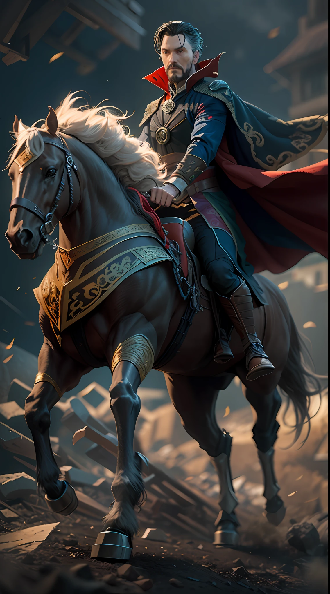 doctor strange riding horse. octane render, unreal engine, highly detailed, intricate