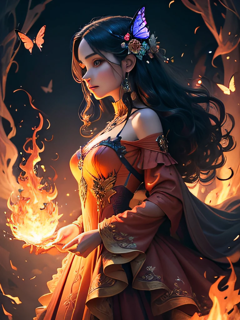 A woman in a dress，Butterflies fluttered around her, the butterfly goddess of fire, dress made of fire, Beautiful digital artwork, 8K stunning artwork, beautiful fantasy art, Beautiful art UHD 4 K, Fantasy art Behance, 4K fantasy art, fire dress, very beautiful fantasy art, Fantasy art style, 8K fantasy art, lady with glowing flowers dress --auto