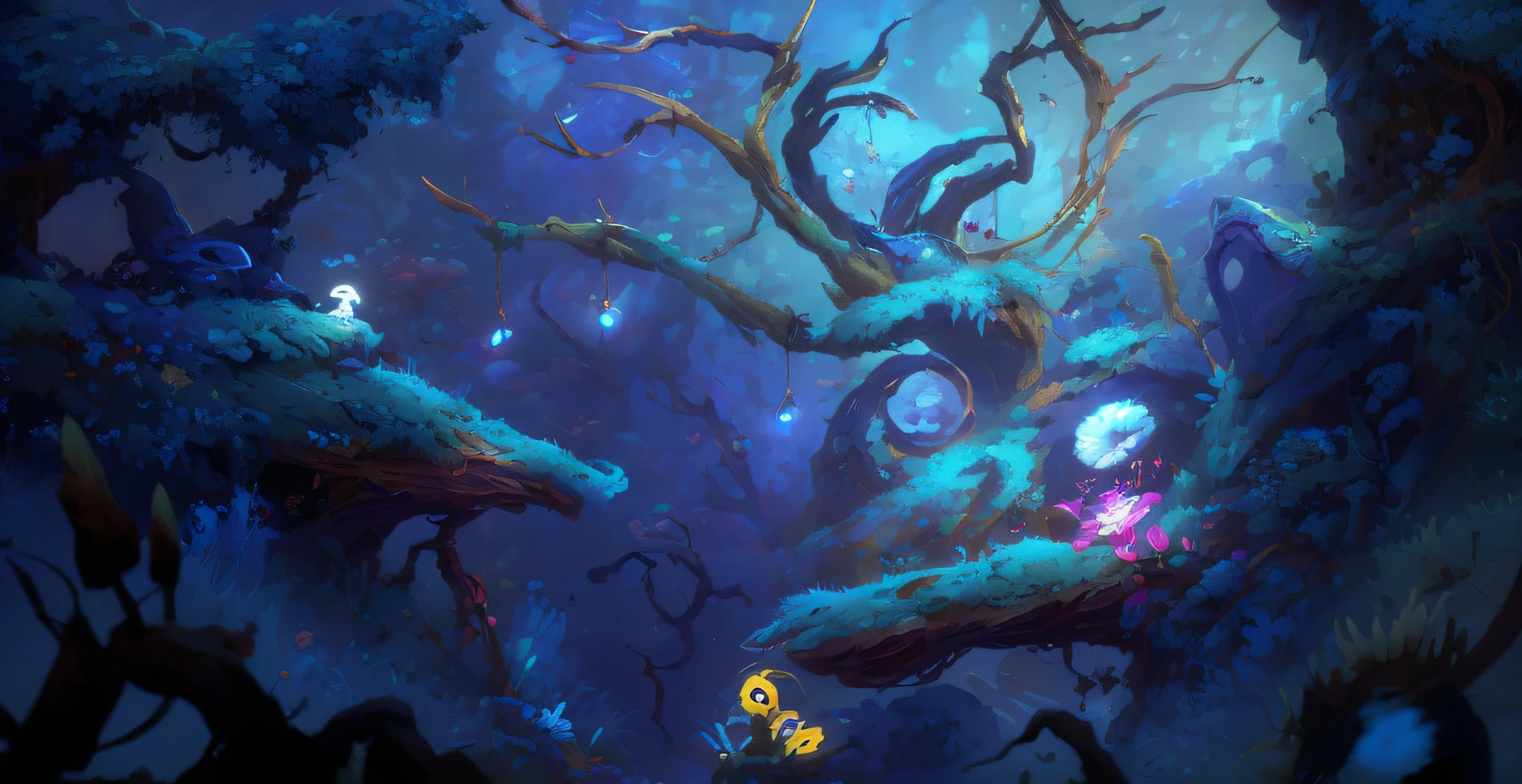 background artwork, Ori and the Blind Forest, concept art magical highlight, magical concept art, ori and the will of the wisps, luminescent concept art, Ori and the blind, Stylized concept art, painted as a game concept art, colorful concept art, concept-art, concept-art