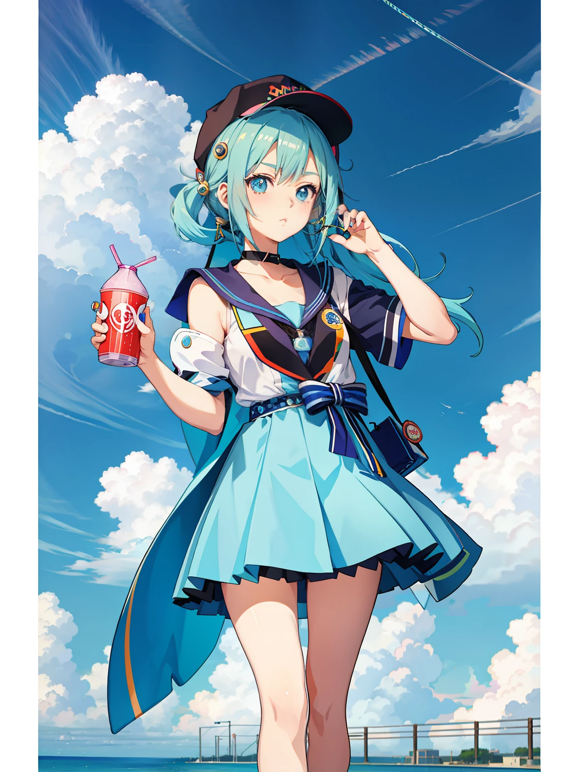 Anime girl drinking soda in blue hat, anime girls drink Energy drink, Guviz-style artwork, By Yuumei, Guviz, style of anime4 K, Digital anime illustration, Anime style. 8K, soda themed girl, Detailed digital anime art, anime styled digital art, Anime style illustration, anime art style, a beautiful anime portrait