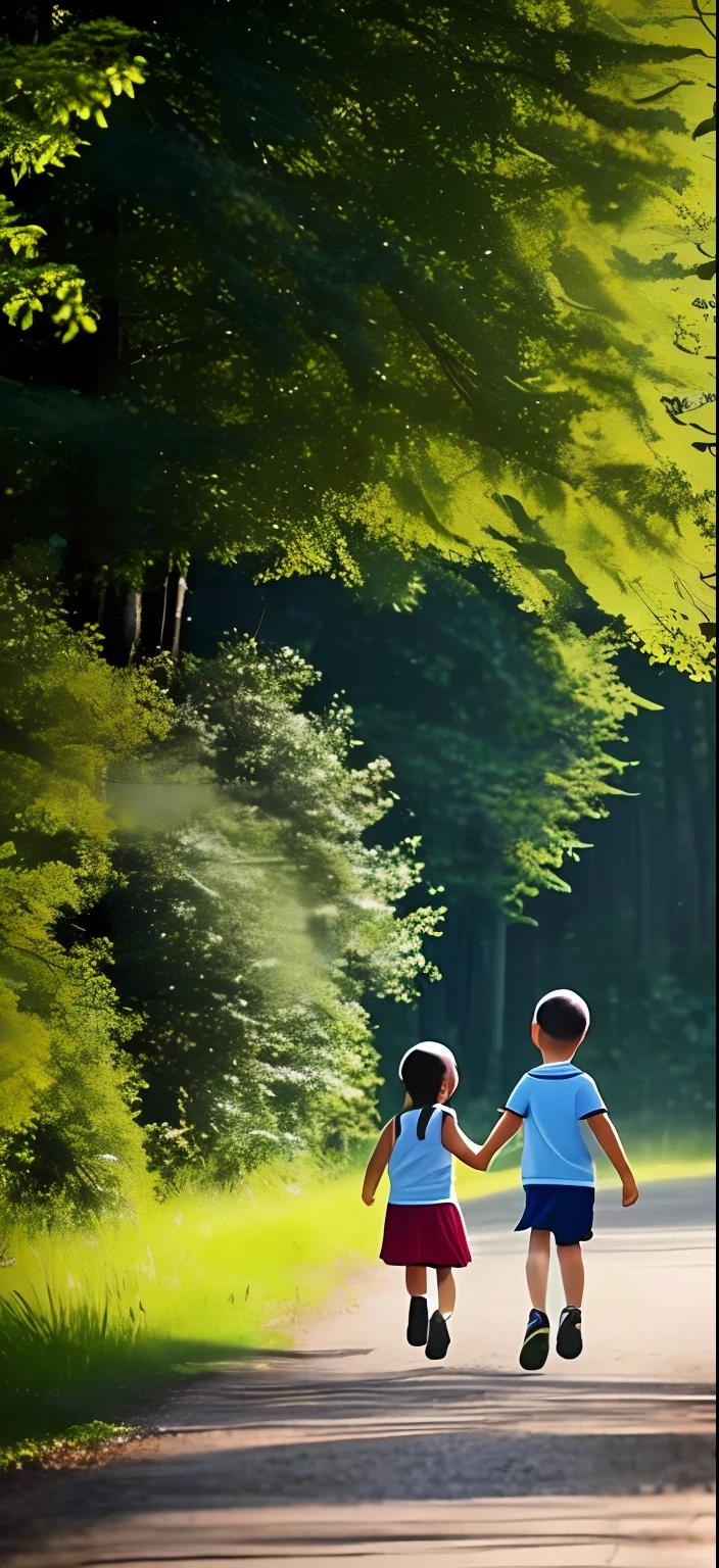 The best quality,8k,夏天,at a forest,The sun shines on the ground through the leaves,Lots of wildflowers,Green grass,A road stretches into the distance,Two children holding hands,Back Shadow,Run into the distance,Ultra photo realsisim,Hyper-realistic,ultra-delicate,hyper HD --auto