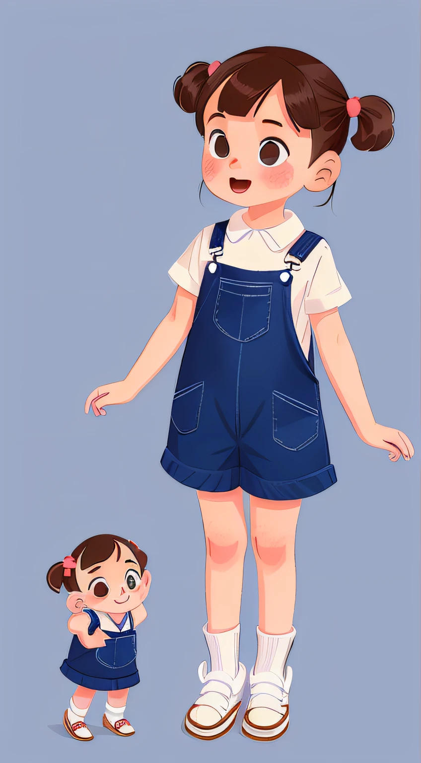 young girl, full body, kid illustration, pigtails hairstyle, wearing overalls dress, sandals, not wearing socks, white background, single character, one character