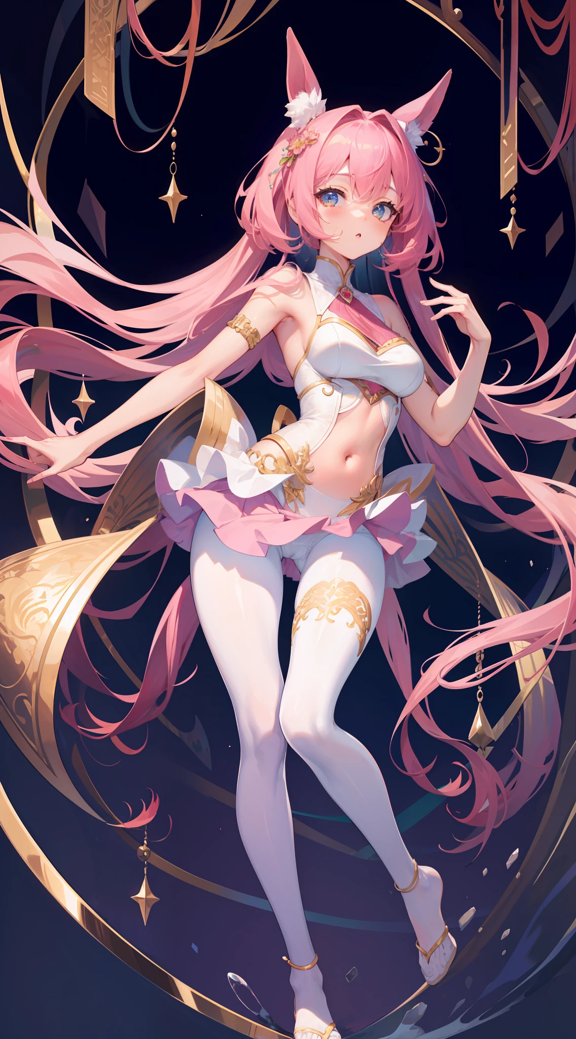 16k, hyper HD, retinas, Masterpiece, ccurate, Anatomically correct, High details, Best quality, High quality, A high resolution，Pink hair,shairband，hair adornments，dual horsetail，Sleeveless dress，short  skirt，Hosiery，White tights，In the daytime，Long hair and medium breasts，Brilliant，opulent，first person，illustration，quadratic element，Exposed panties，Open navel，big assa，cropped shoulders，white  panties，cosplay，Asia face， old，teens girl，Long legs，lacepantyhose，full bodyesbian，Barefoot