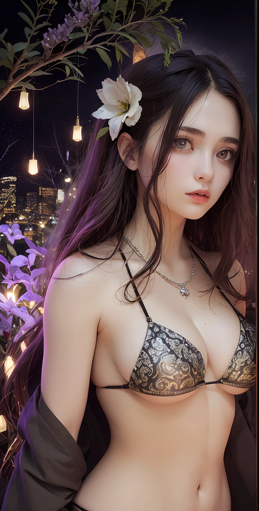An intricate and stunning latern with glowing lights, delicately patterned metal, and vibrant colors on a dark background. Nighttime cityscape surroundings, gentle mist, and a hint of mystical ambiance.1girl,alraune, flower,large breasts, navel,black_hair,wisteria, parted lips,white bikini,
