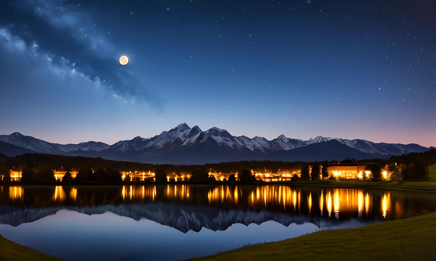 Very starry night. A giant moon behind the mountains. A tranquil lake reflecting the night. Realistic scene, detailed, photorealism, 8k