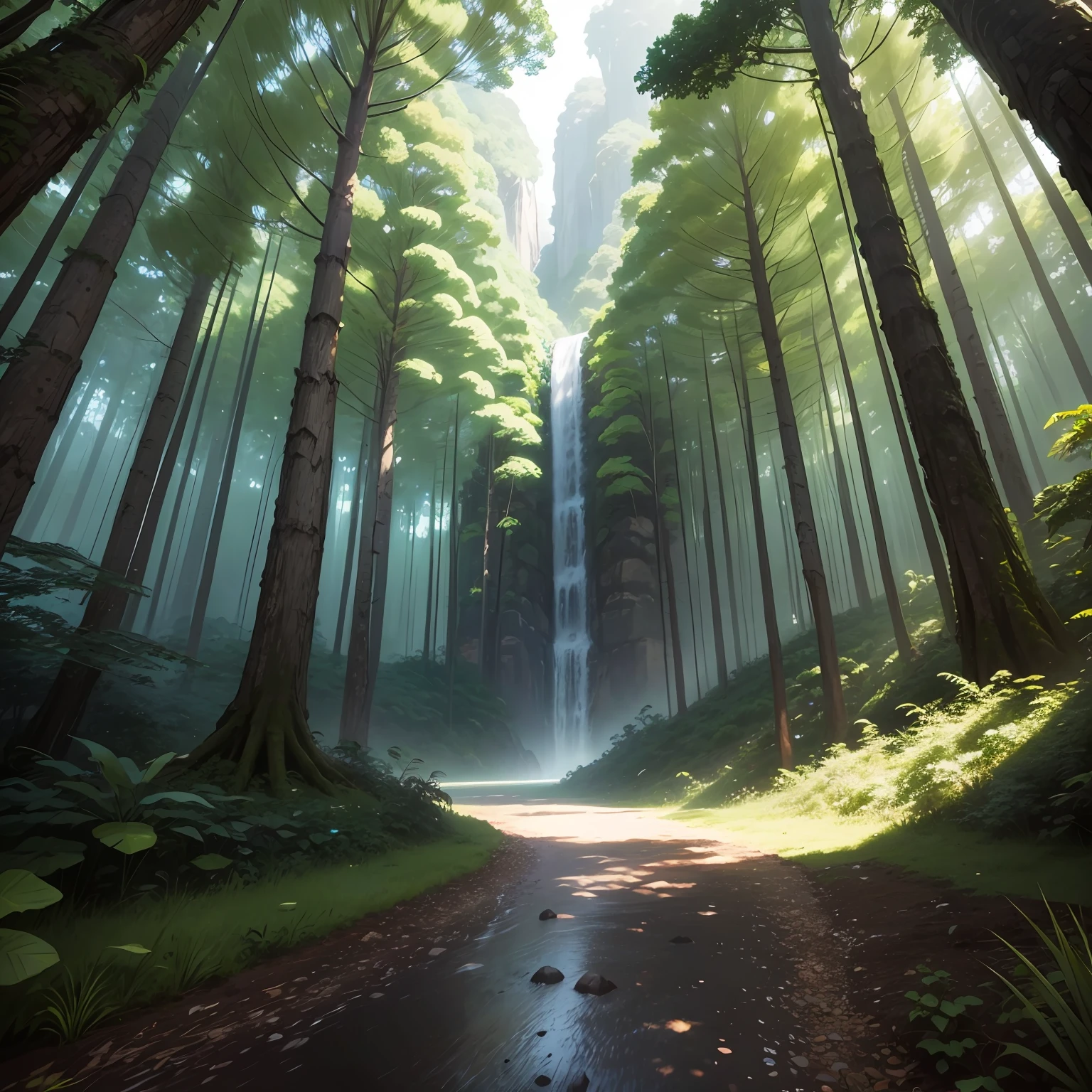 Floresta magica, rio, geleiras, estilo rpg, Manga style, atmosphric perspective, 8k, Super Detalhe, ccurate, melhor qualidad --auto