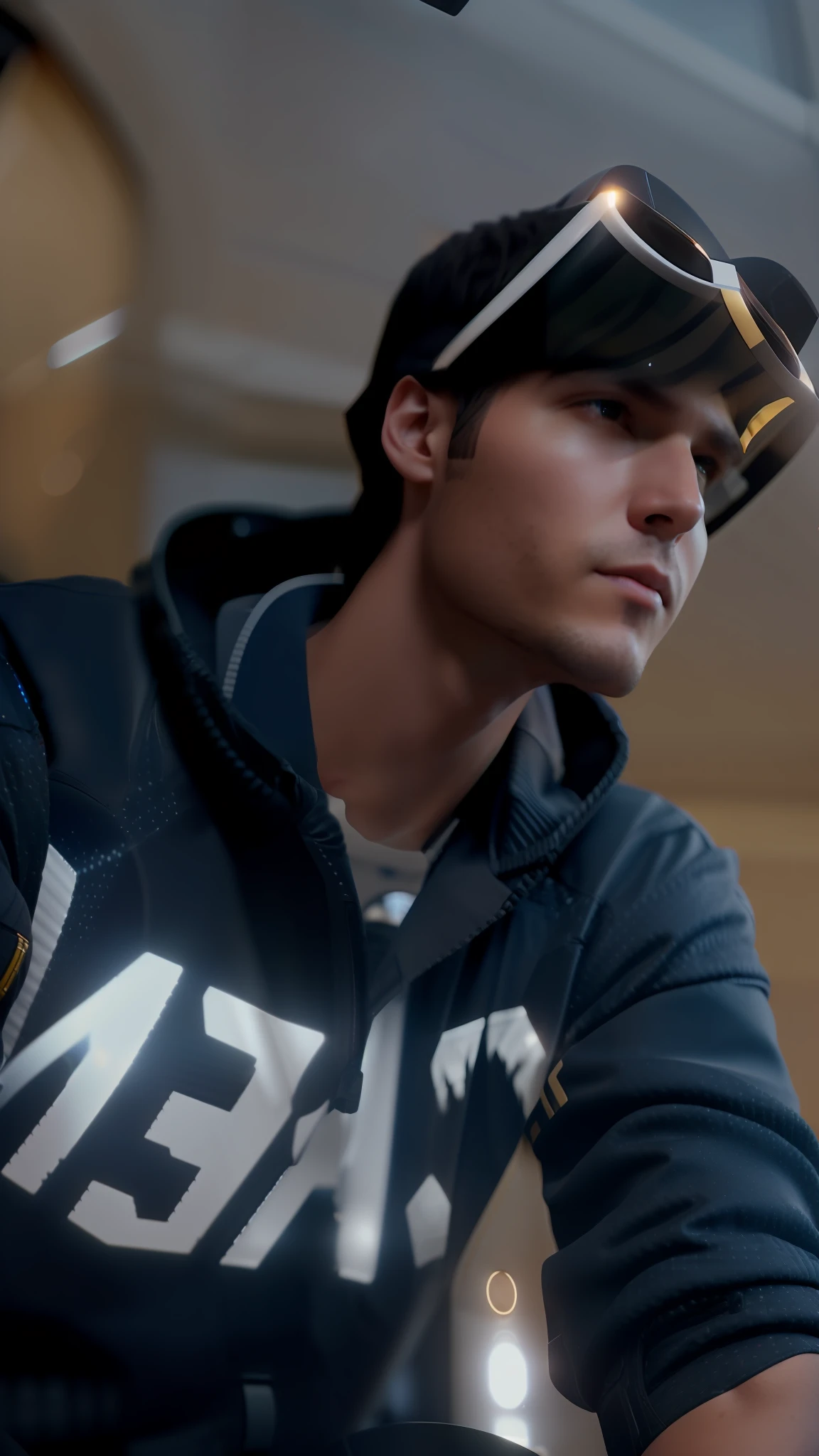 fking_scifi, award-winning photo of a man, black flight suit with yellow accents, brown hair, (gray eyes:1.35), square jawline, asymmetric face, standing in front of a window on a space ship, 80mm, bokeh, mass effect, close up, fking_cinema_v2